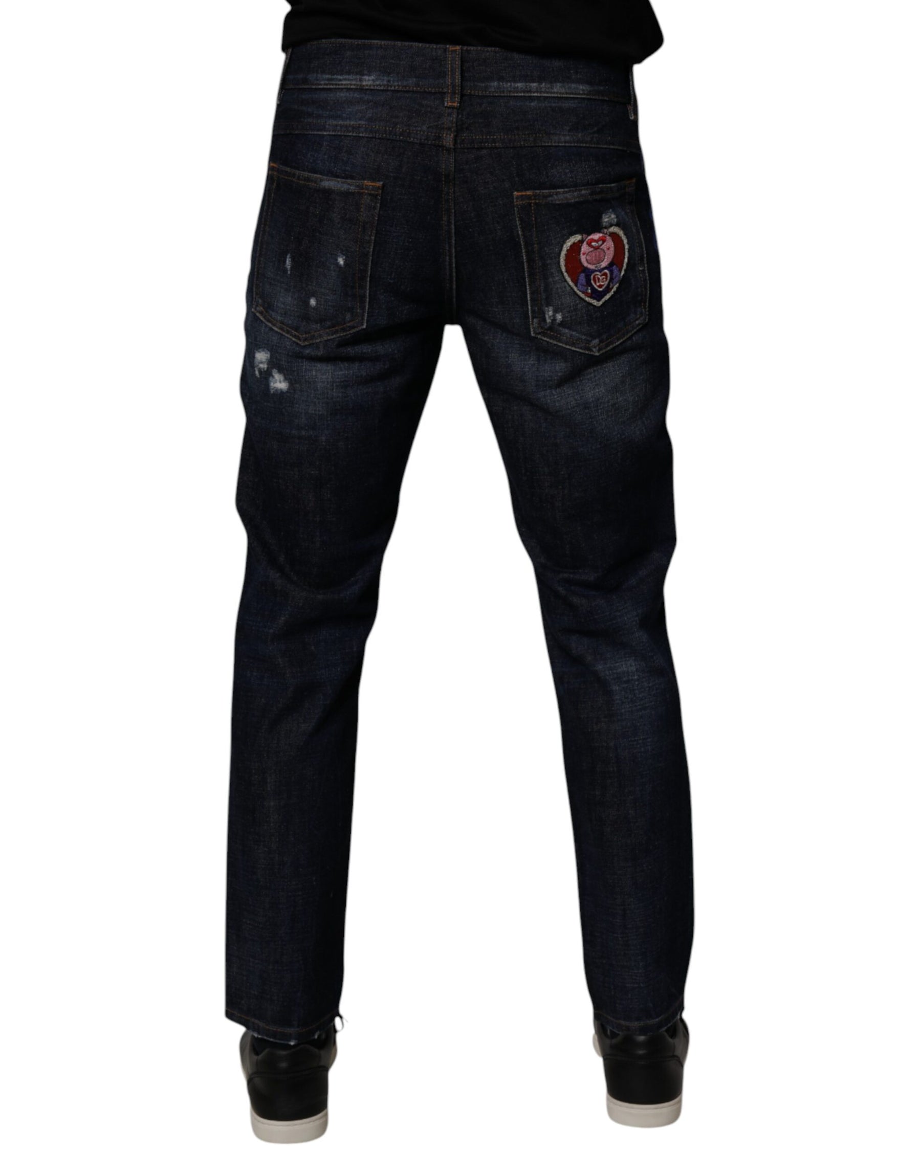 Dolce & Gabbana Dark Blue Cotton Tattered Skinny Denim Jeans | Regal Royce