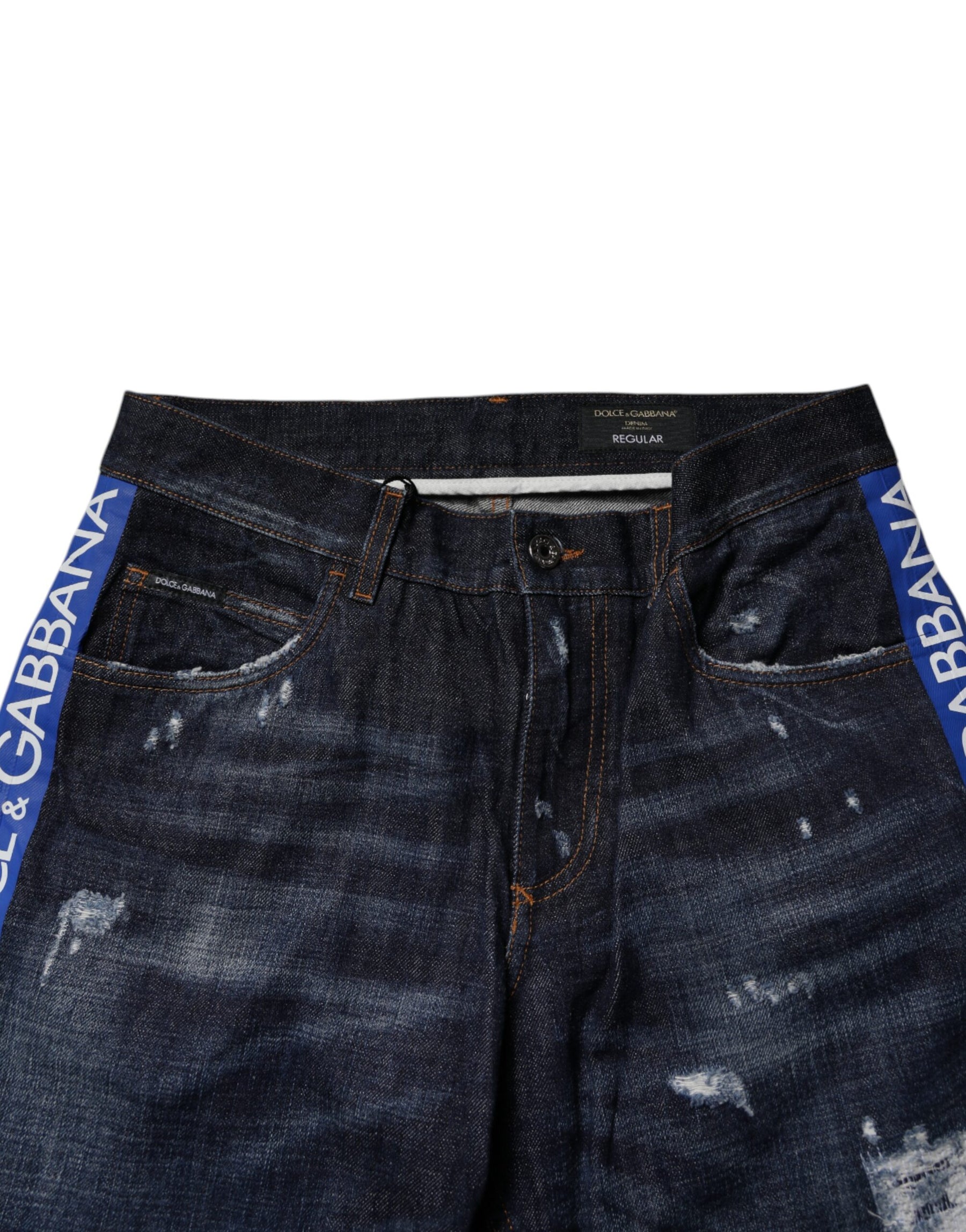 Dolce & Gabbana Dark Blue Cotton Tattered Skinny Denim Jeans | Regal Royce