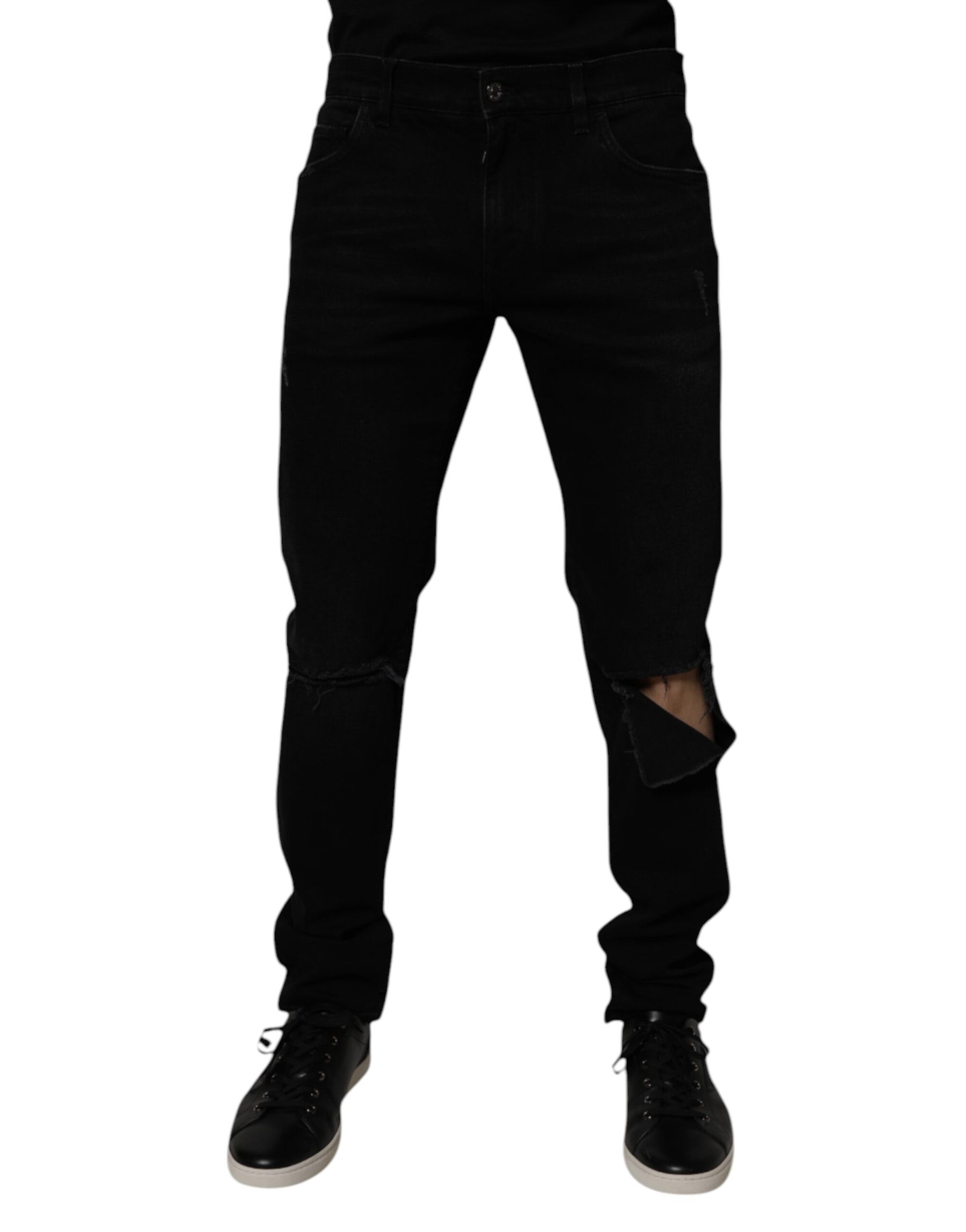 Dolce & Gabbana Black Cotton Tattered Skinny Men Denim Jeans | Regal Royce