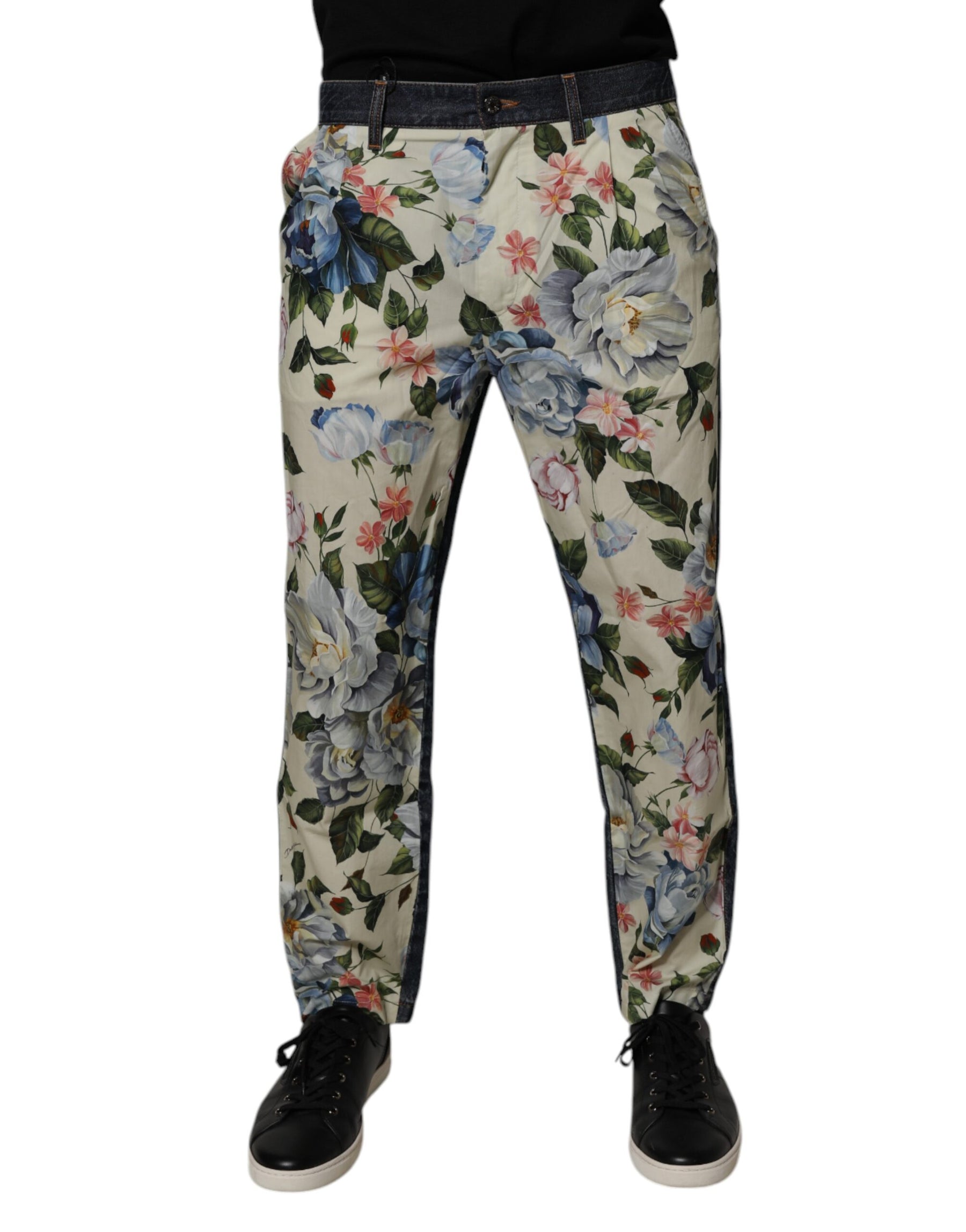 Dolce & Gabbana Beige Blue Floral Cotton Men Denim Jeans | Regal Royce