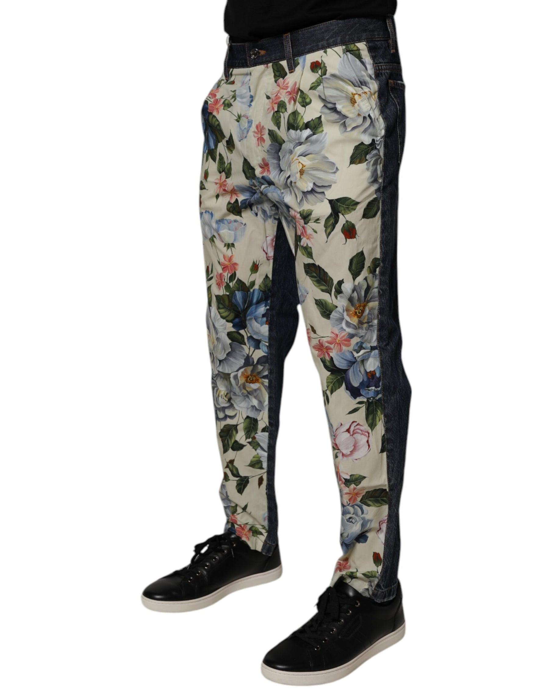 Dolce & Gabbana Beige Blue Floral Cotton Men Denim Jeans | Regal Royce