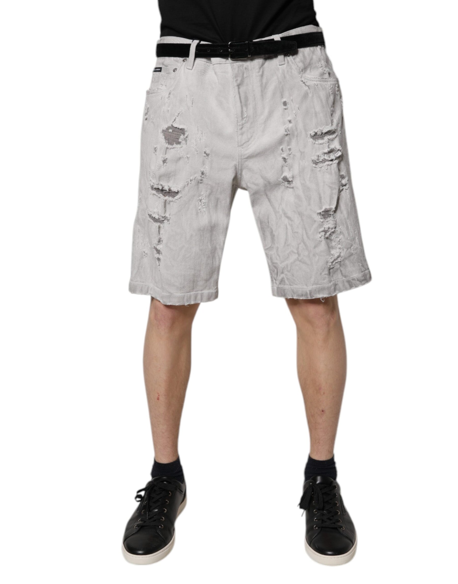Dolce & Gabbana Light Gray Tattered Men Denim Bermuda Shorts | Regal Royce