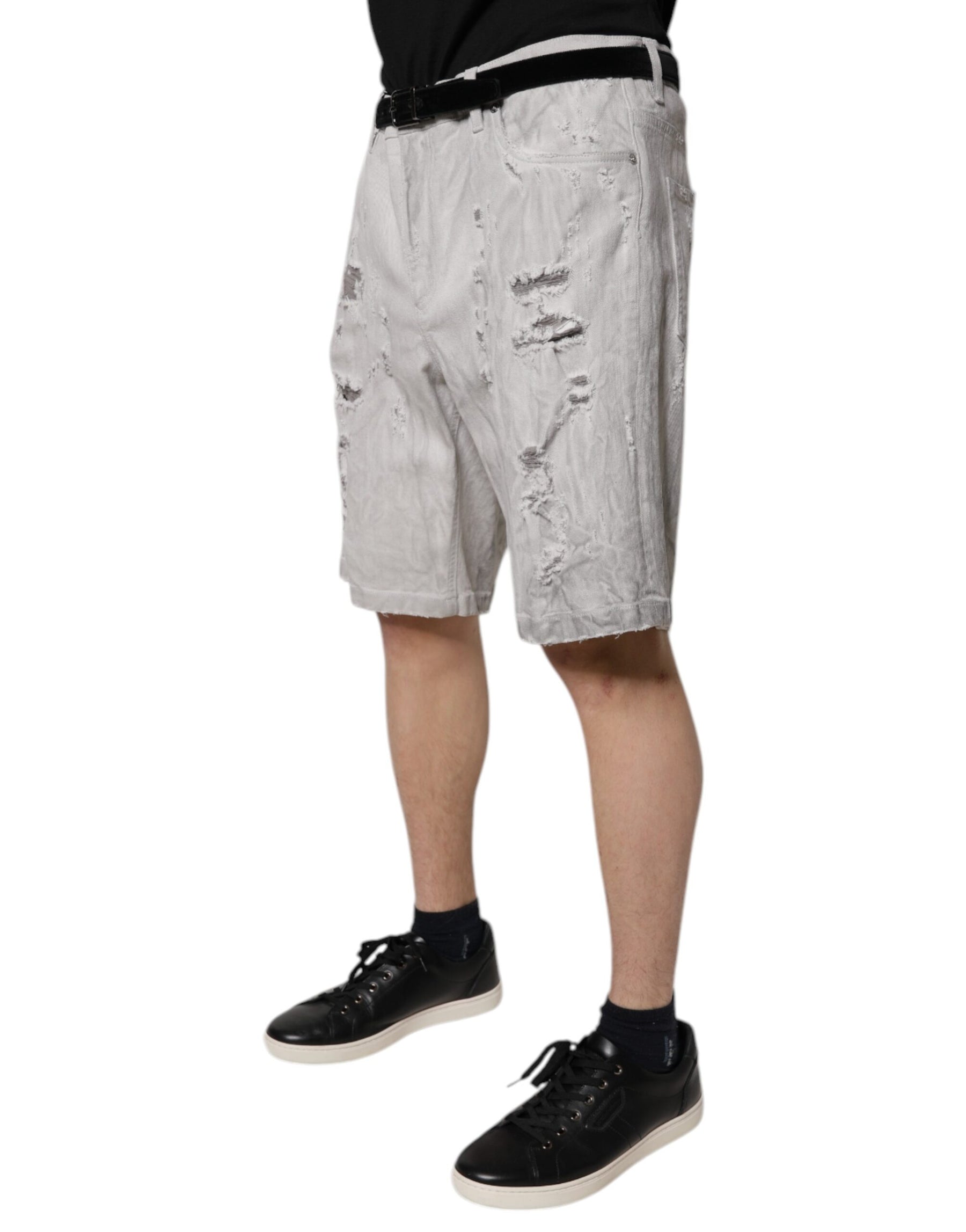 Dolce & Gabbana Light Gray Tattered Men Denim Bermuda Shorts | Regal Royce
