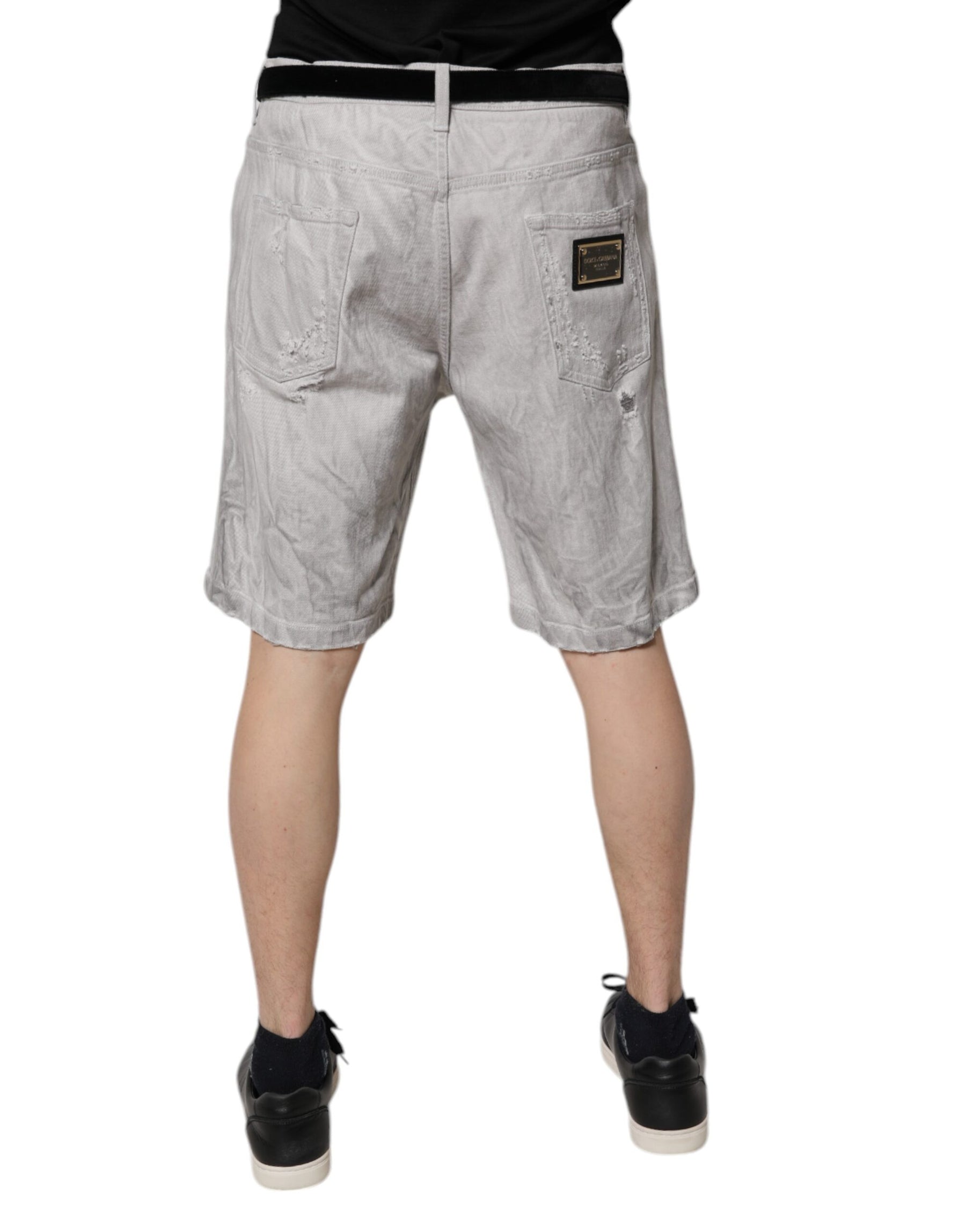 Dolce & Gabbana Light Gray Tattered Men Denim Bermuda Shorts | Regal Royce