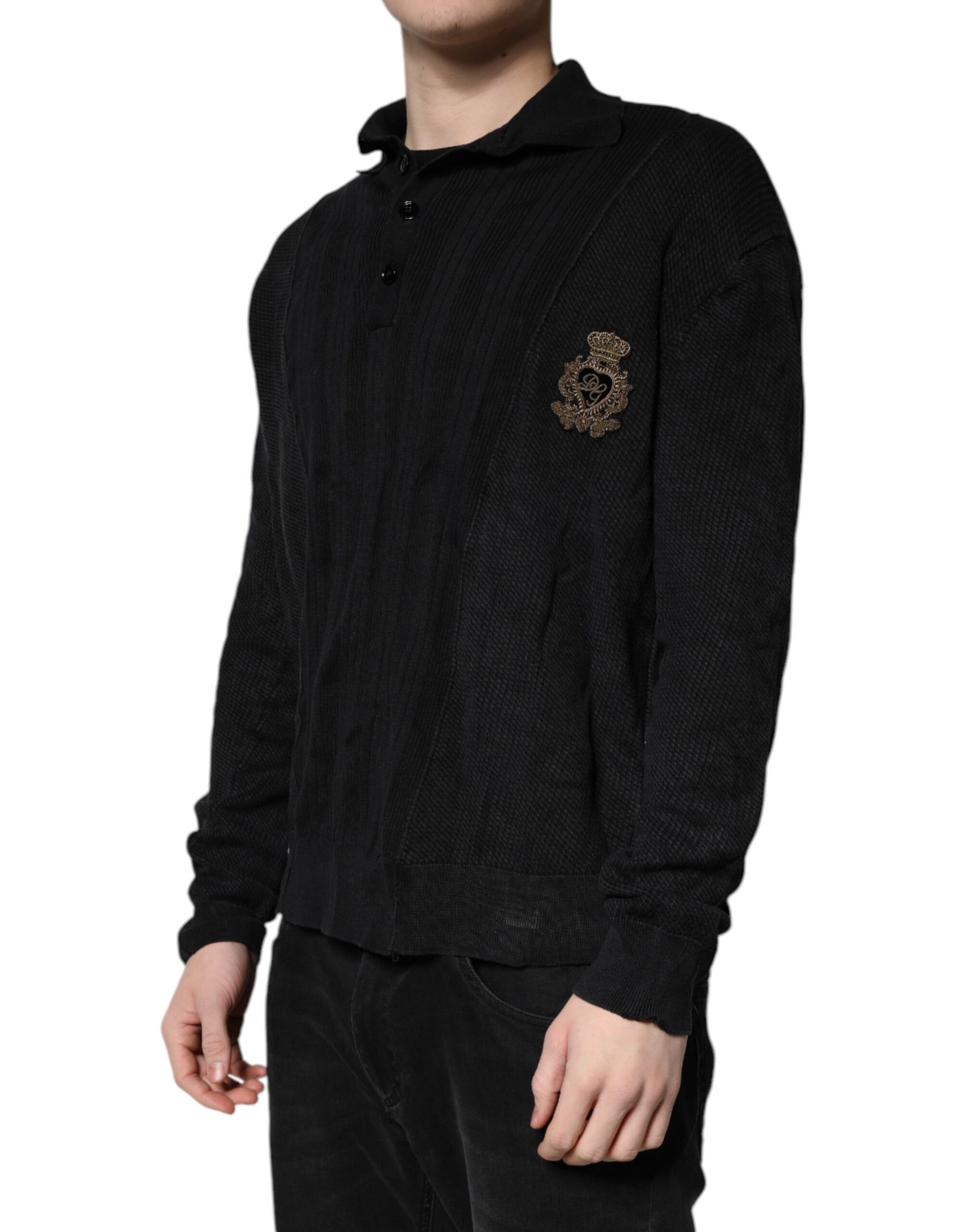 Dolce & Gabbana Black Heraldic Silk Buttoned Pullover Sweater | Regal Royce
