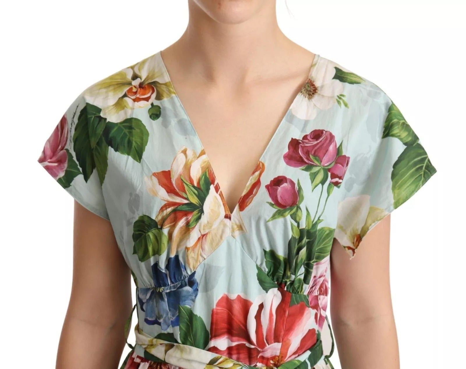 Dolce & Gabbana Green Floral Short Sleeves Cotton V-neck Dress | Regal Royce