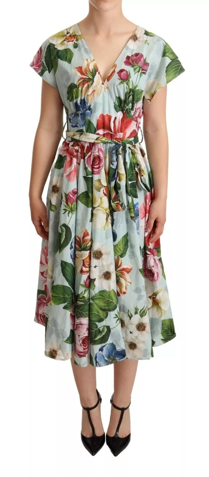 Dolce & Gabbana Green Floral Short Sleeves Cotton V-neck Dress | Regal Royce