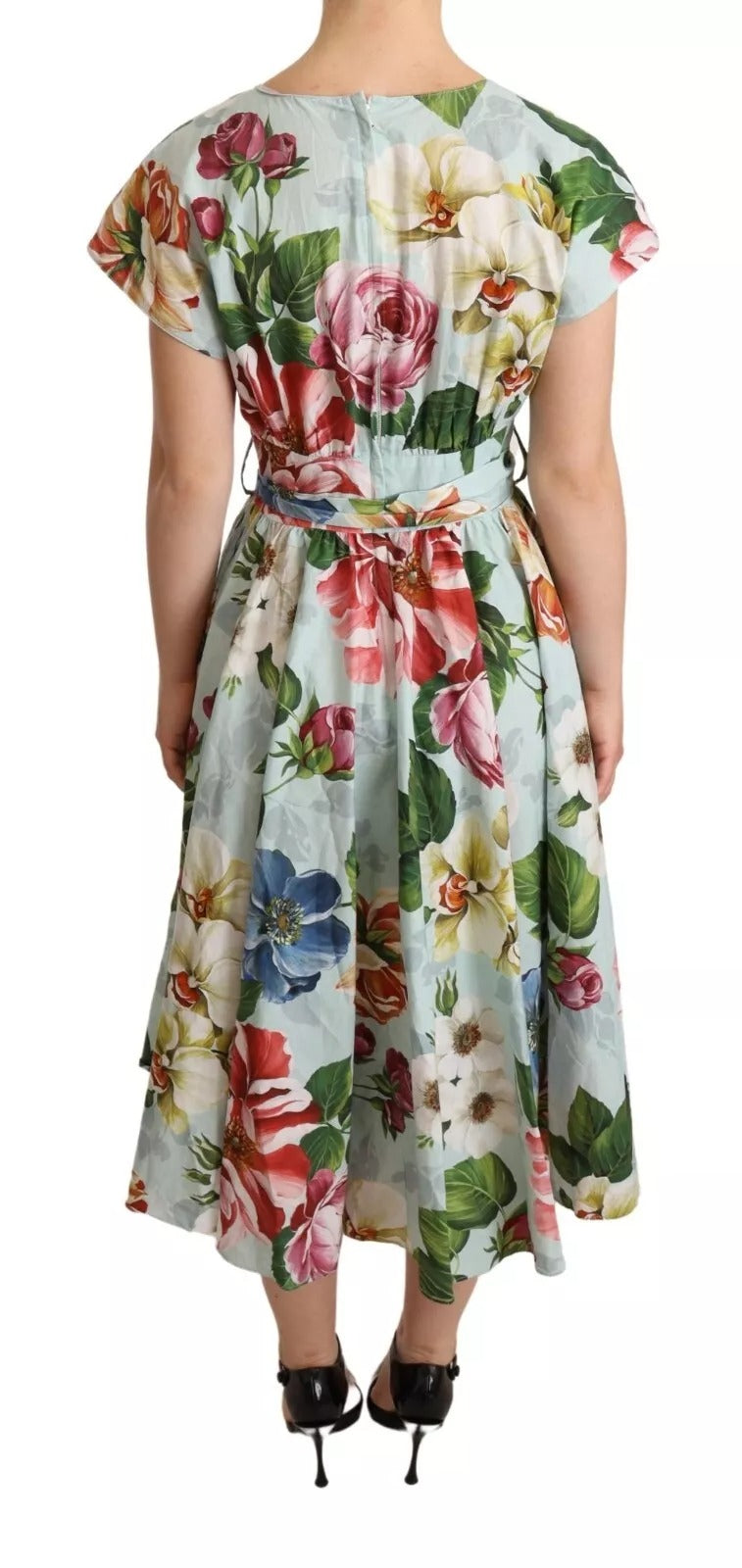 Dolce & Gabbana Green Floral Short Sleeves Cotton V-neck Dress | Regal Royce