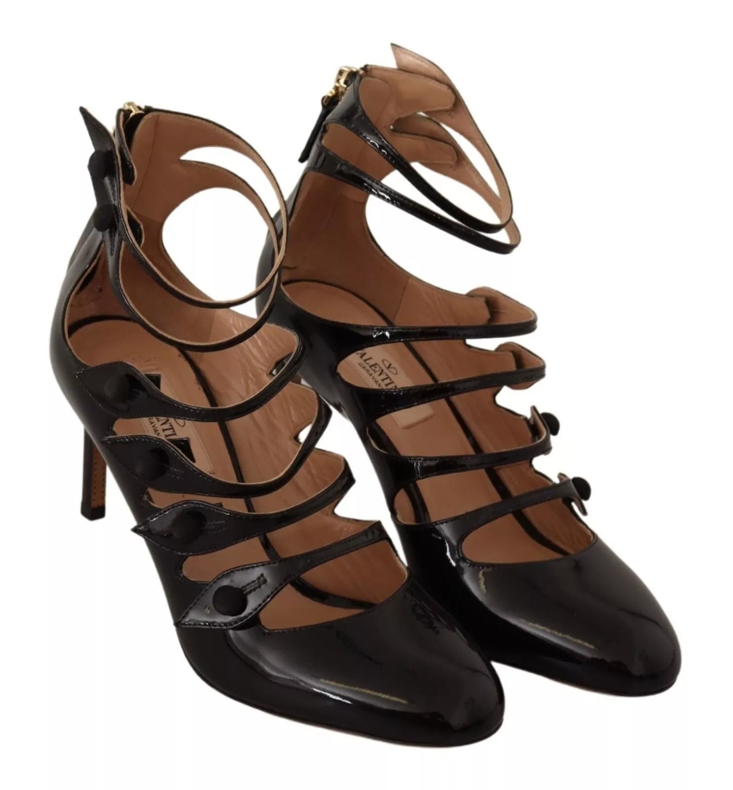 Valentino Black Multi Strap Leather Mid Heels Pumps Shoes | Regal Royce