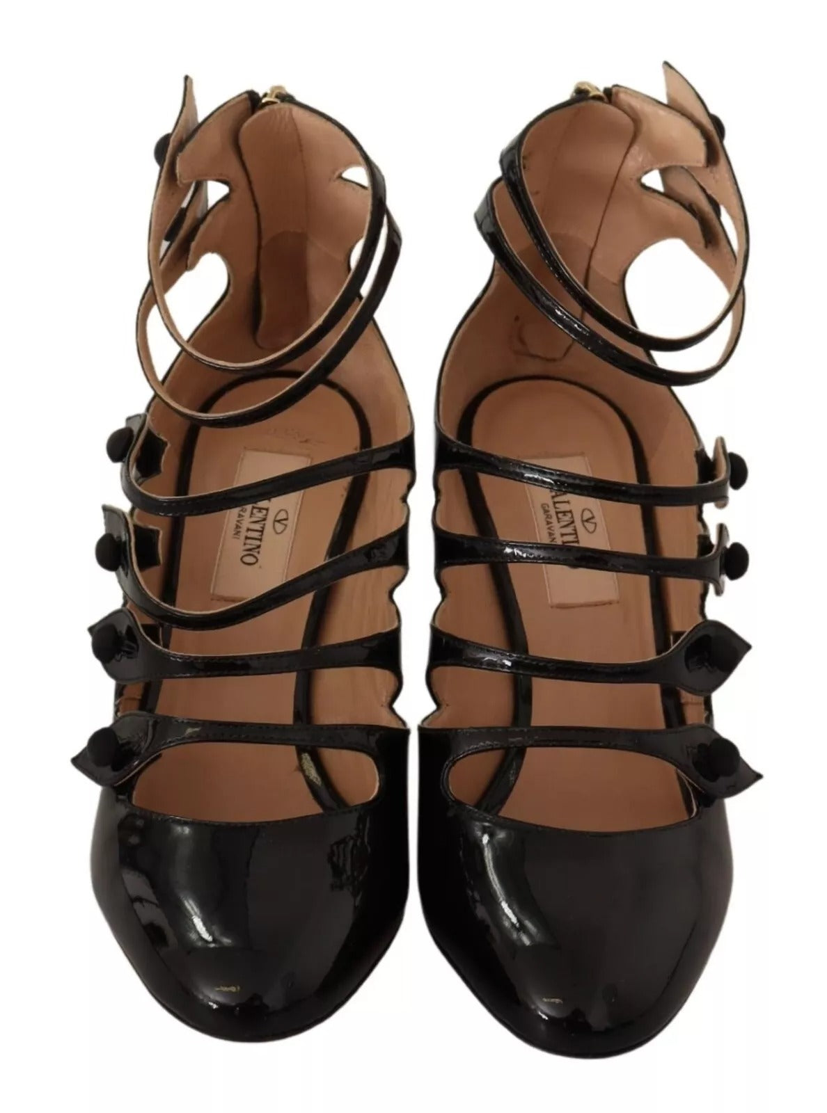 Valentino Black Multi Strap Leather Mid Heels Pumps Shoes | Regal Royce