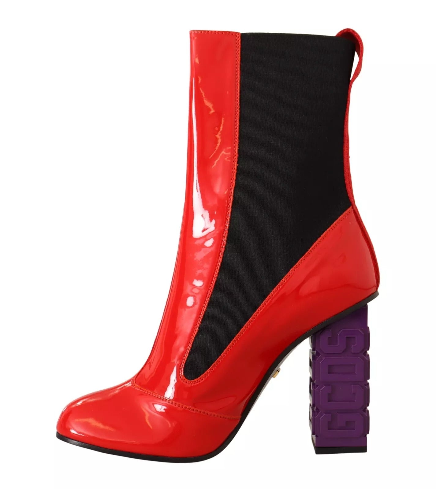 GCDS Red Leather Black Fabric Logo Heel Ankle Boots Shoes | Regal Royce