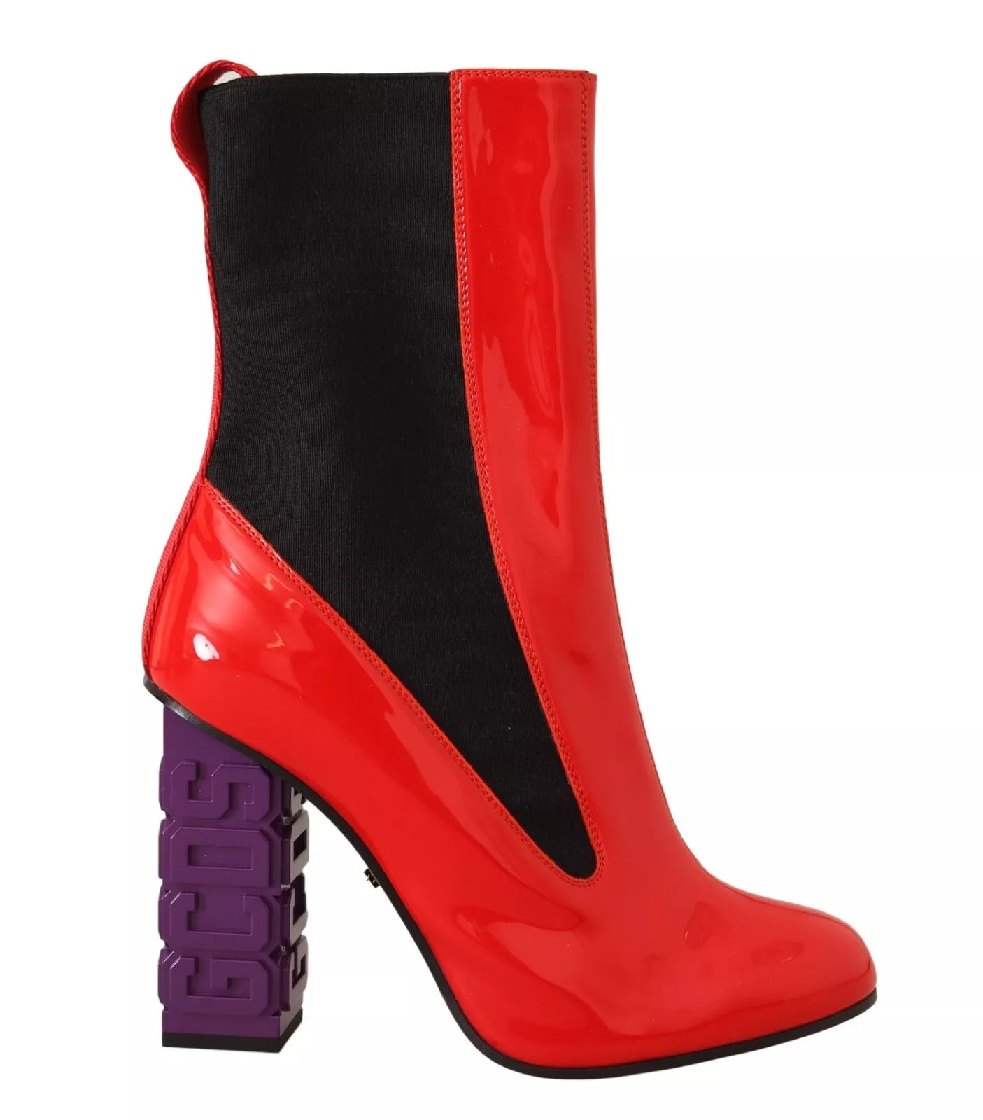 GCDS Red Leather Black Fabric Logo Heel Ankle Boots Shoes | Regal Royce