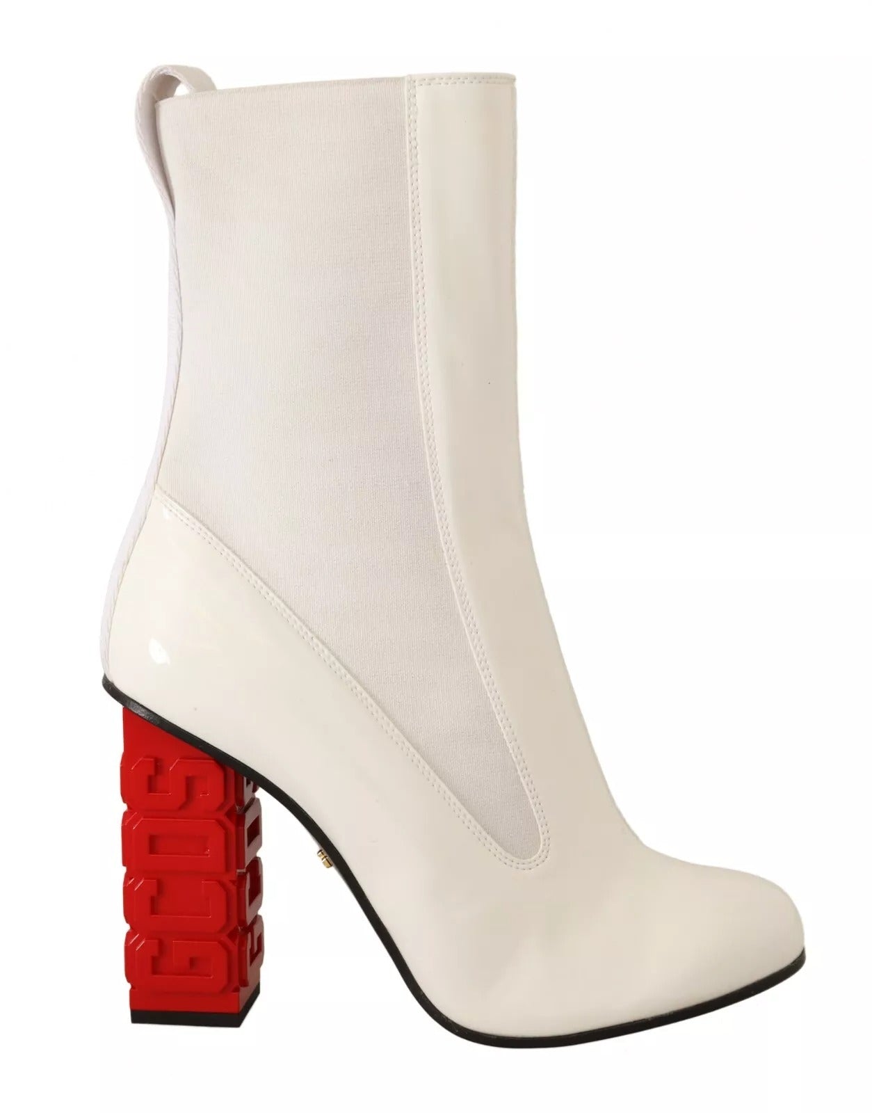 GCDS White Leather Fabric Red Logo Heel Ankle Boots Shoes | Regal Royce