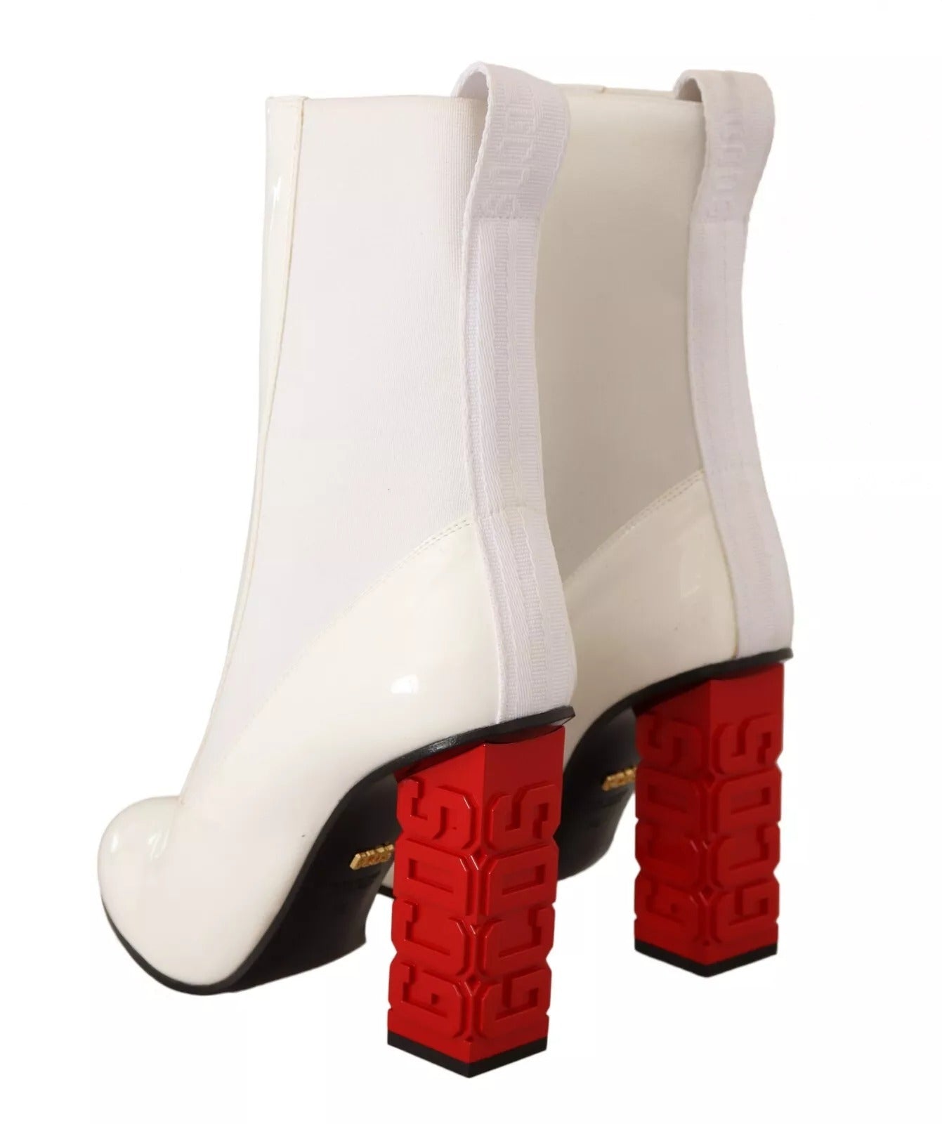 GCDS White Leather Fabric Red Logo Heel Ankle Boots Shoes | Regal Royce