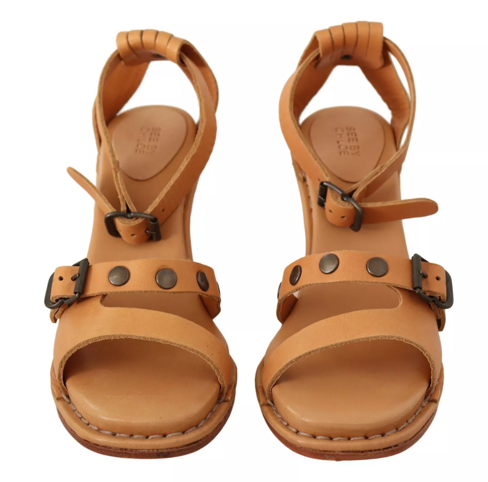 See By Chloé Brown Leather Studded Ankle Strap Sandals Shoes | Regal Royce