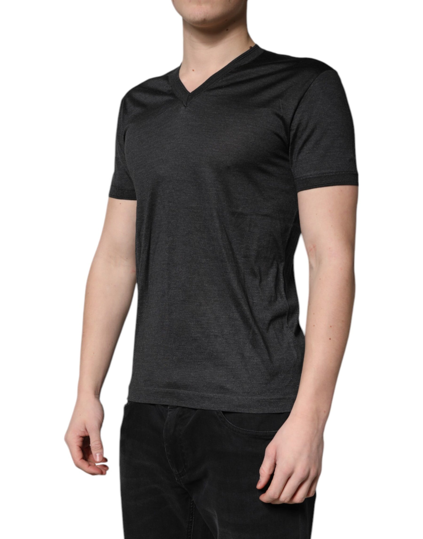 Dolce & Gabbana Dark Gray Silk V-neck Short Sleeves T-shirt | Regal Royce
