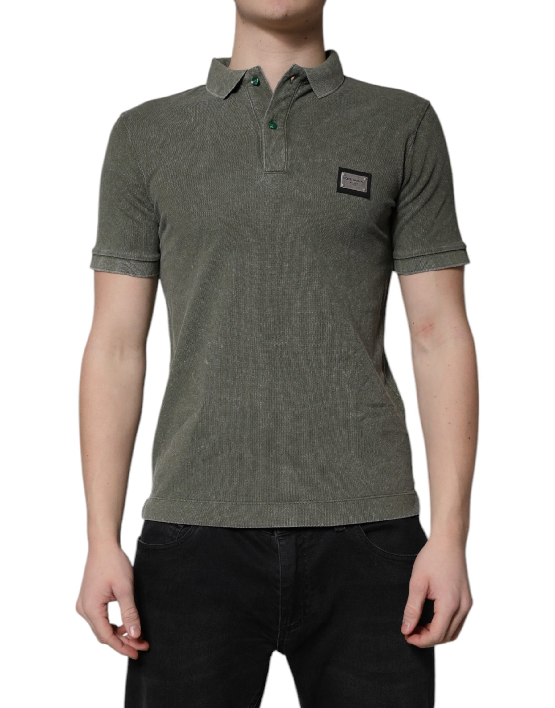 Dolce & Gabbana Army Green Logo Plaque Cotton Polo Shirt T-shirt | Regal Royce