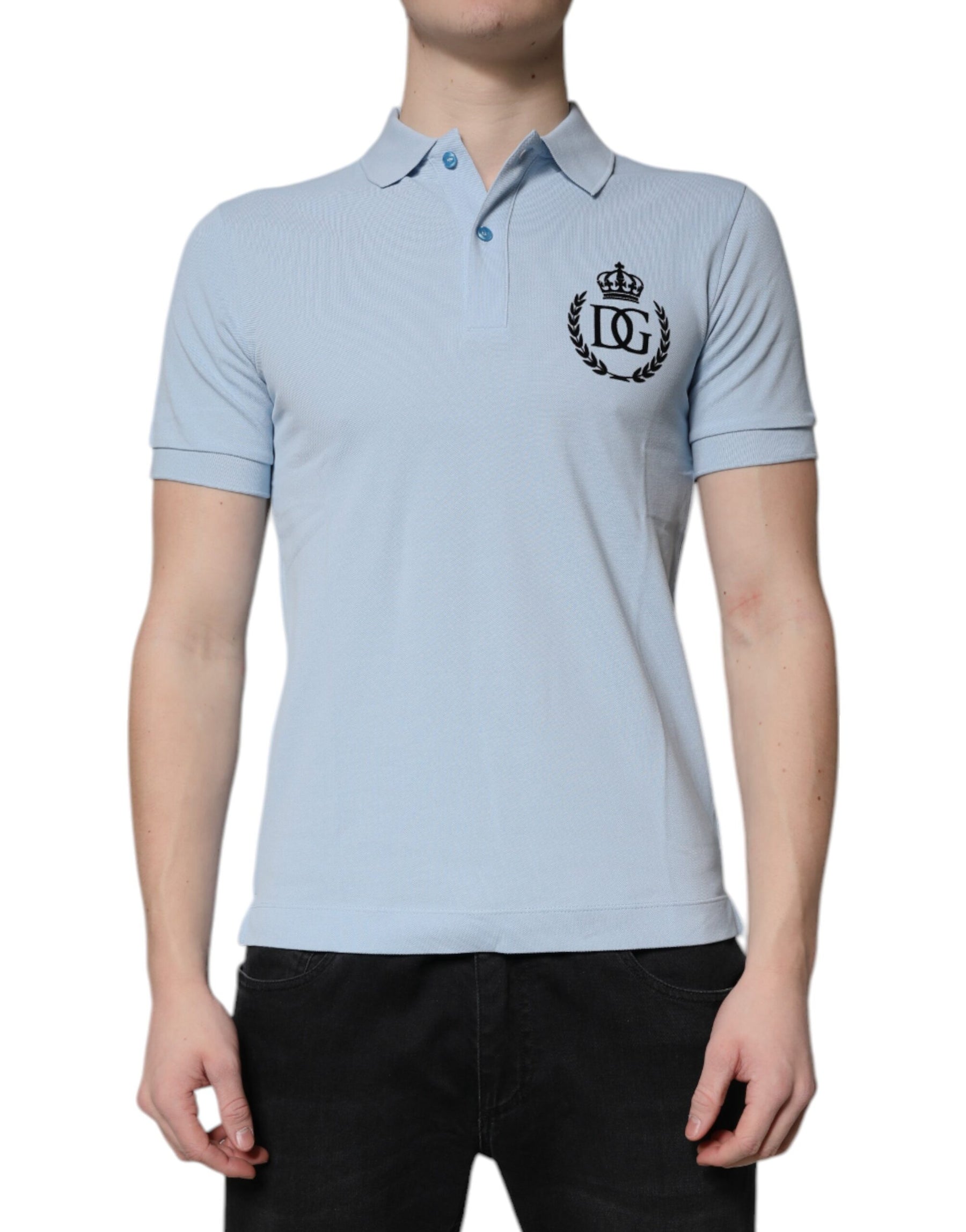 Dolce & Gabbana Sky Blue Cotton Crown Collared Polo T-shirt | Regal Royce