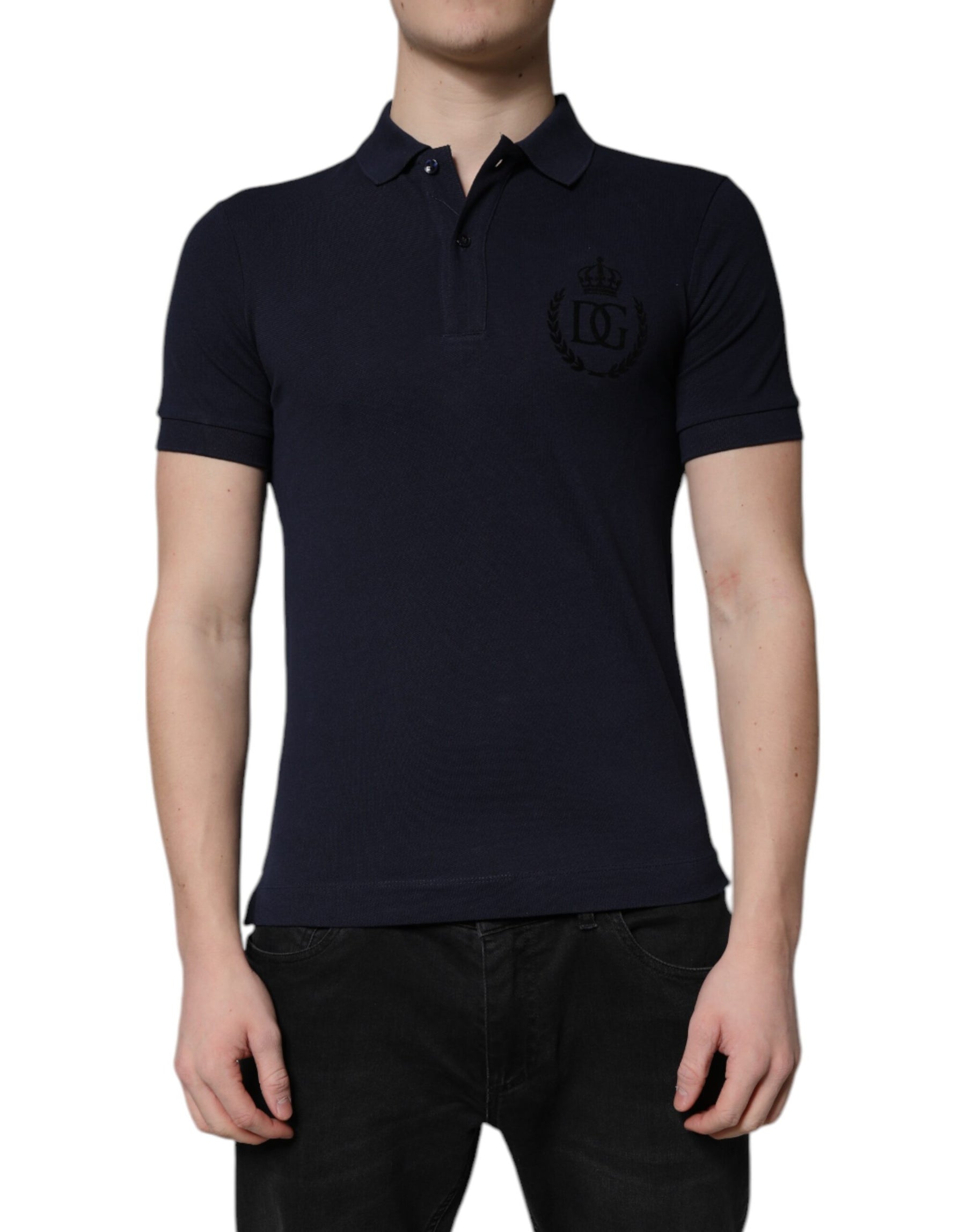 Dolce & Gabbana Dark Blue Cotton Crown Collared Polo T-shirt | Regal Royce
