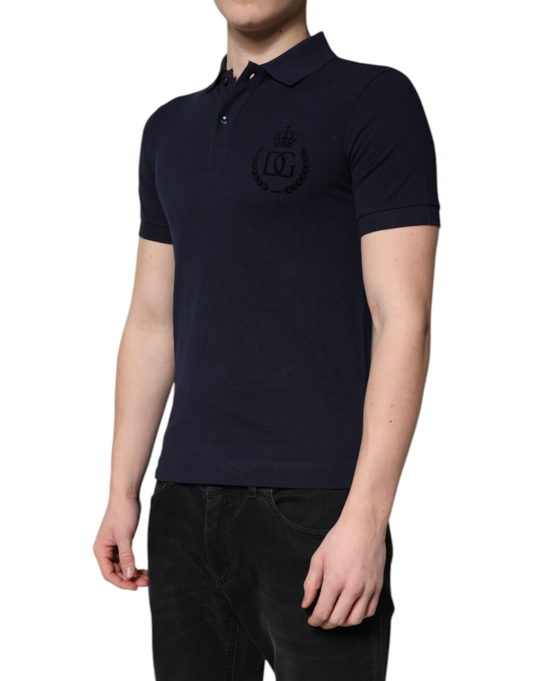 Dolce & Gabbana Dark Blue Cotton Crown Collared Polo T-shirt | Regal Royce