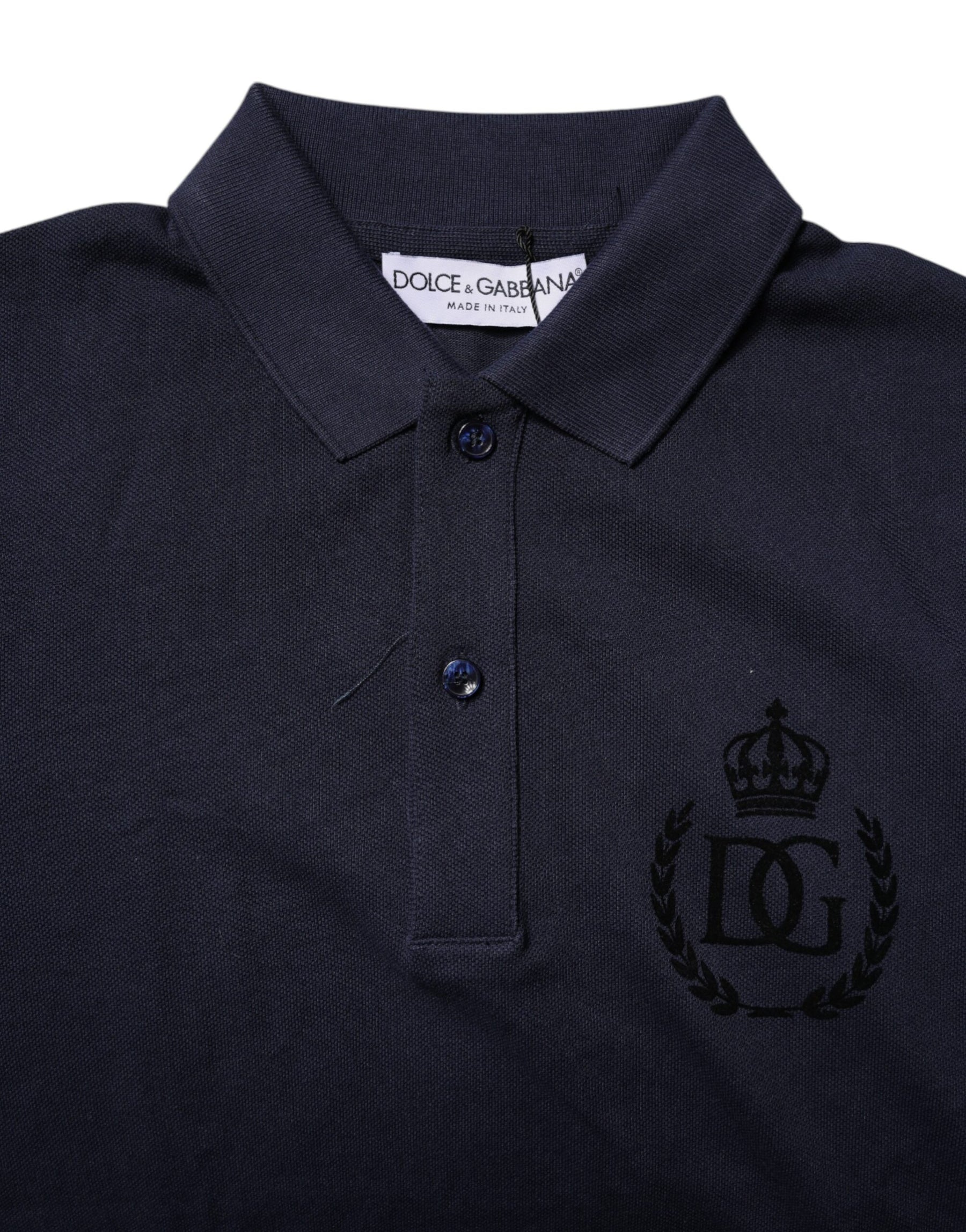 Dolce & Gabbana Dark Blue Cotton Crown Collared Polo T-shirt | Regal Royce