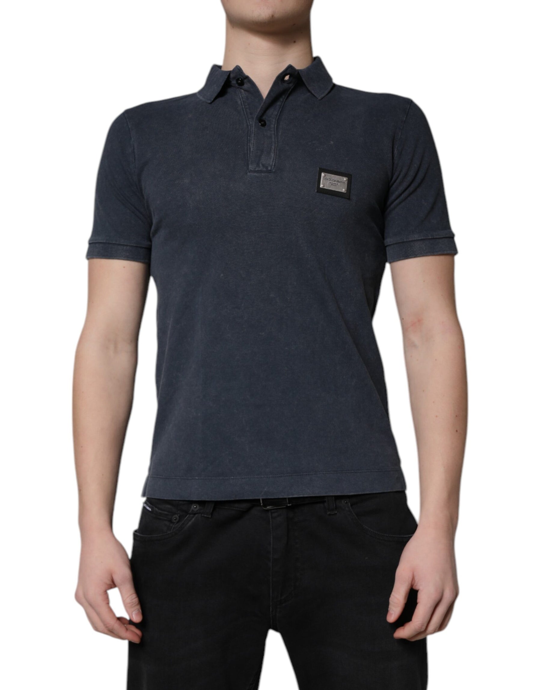Dolce & Gabbana Dark Blue Logo Plaque Cotton Men Polo Shirt T-shirt | Regal Royce