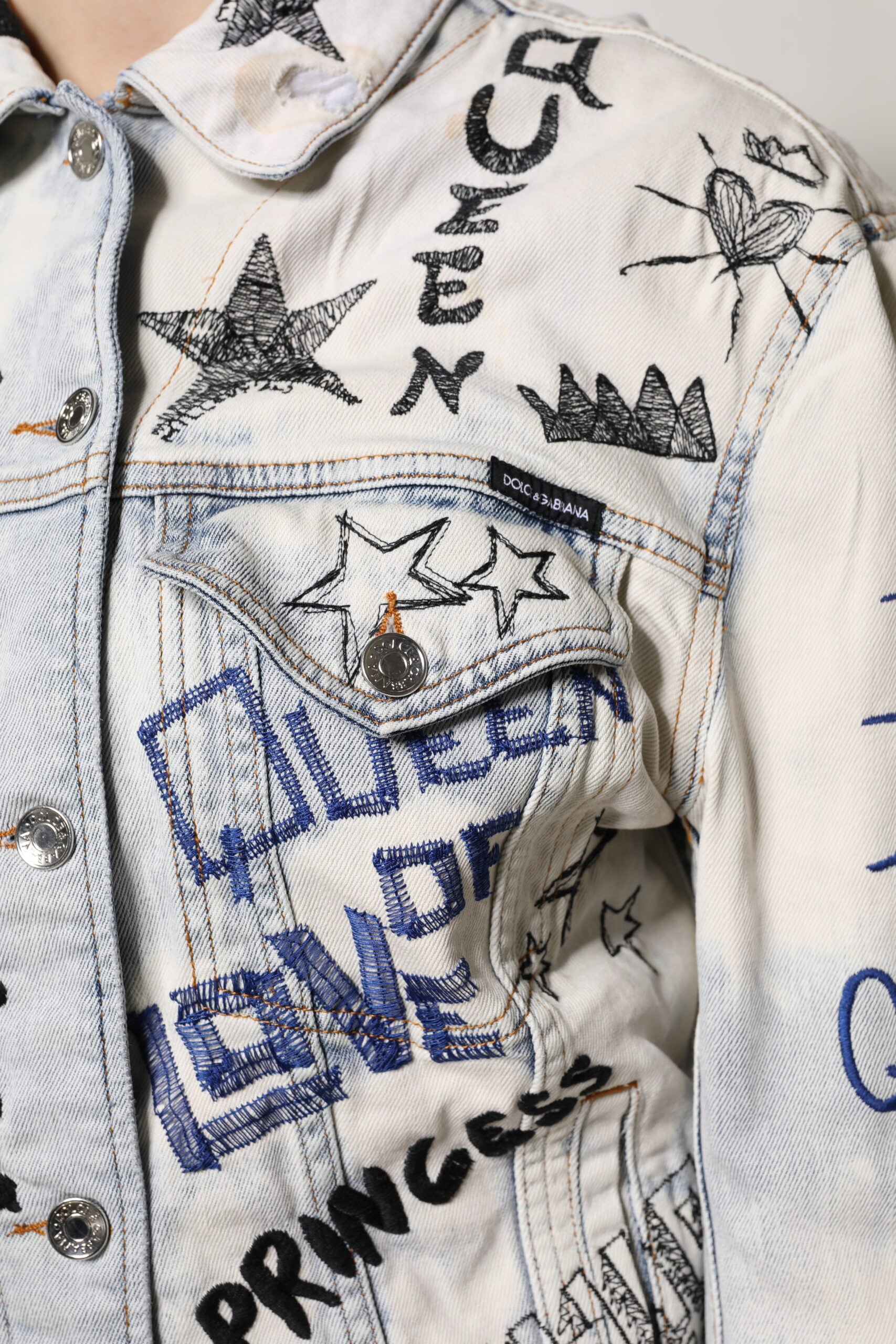 Dolce & Gabbana Light Blue Graffiti Button Down Denim Jacket | Regal Royce