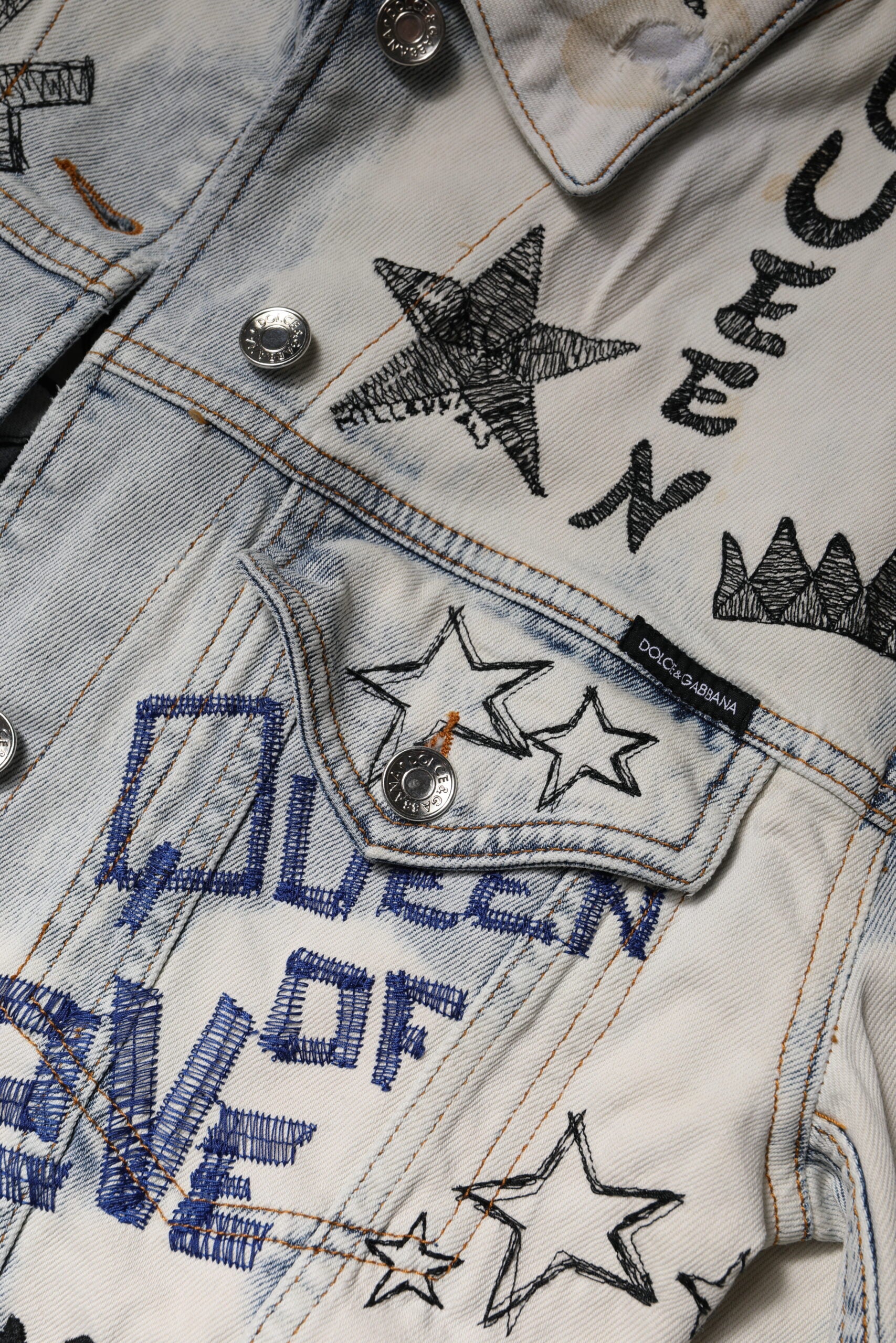 Dolce & Gabbana Light Blue Graffiti Button Down Denim Jacket | Regal Royce