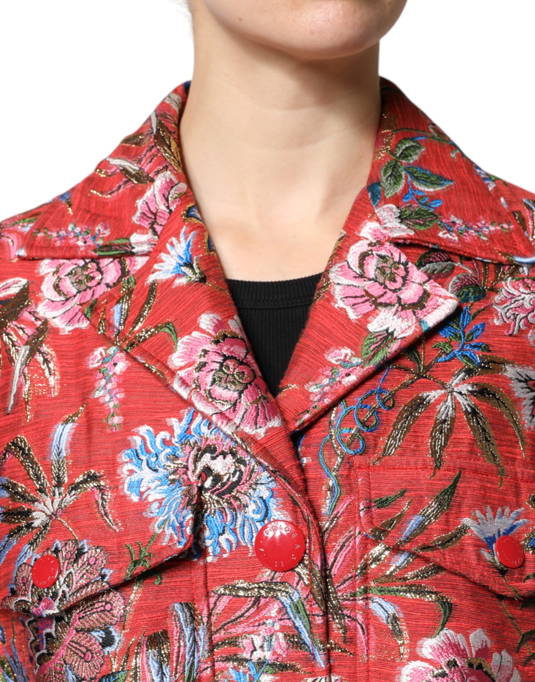 Dolce & Gabbana Red Floral Jacquard Button Down Coat Jacket | Regal Royce