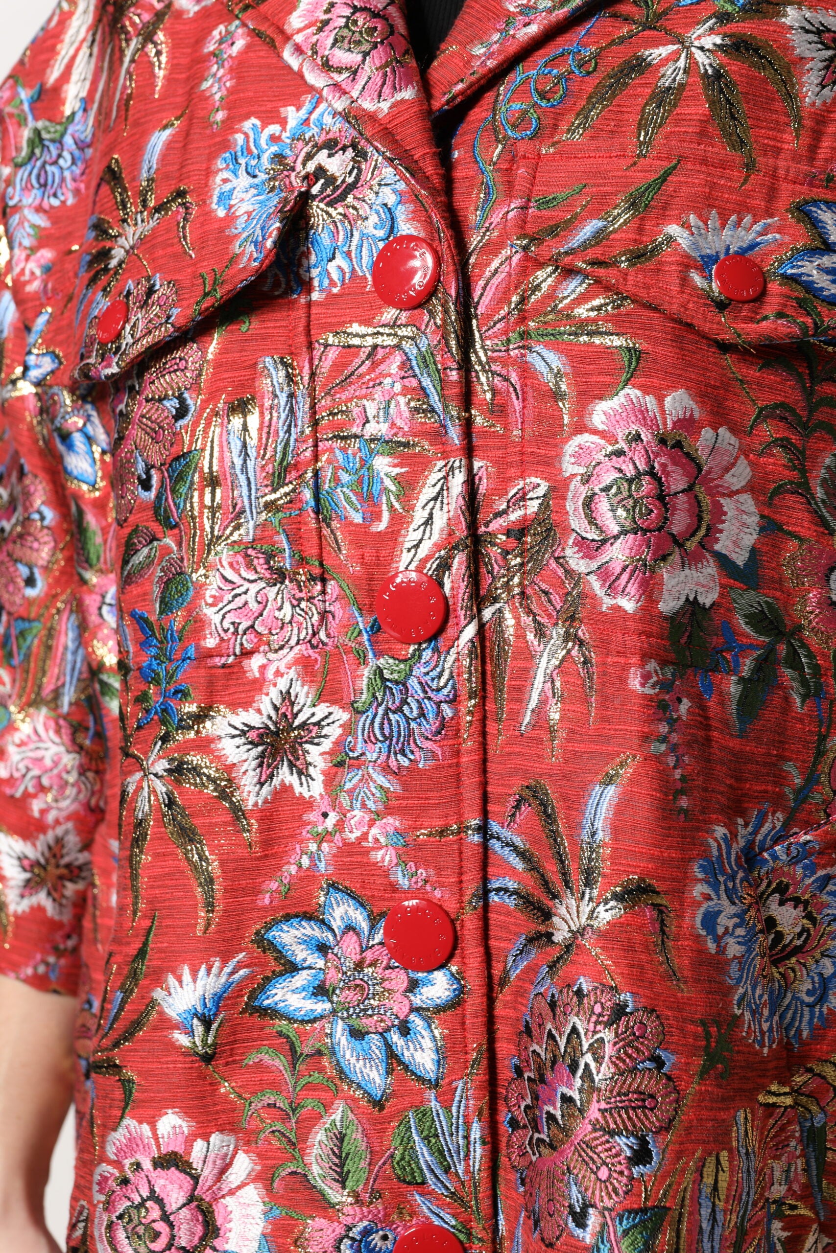 Dolce & Gabbana Red Floral Jacquard Button Down Coat Jacket | Regal Royce