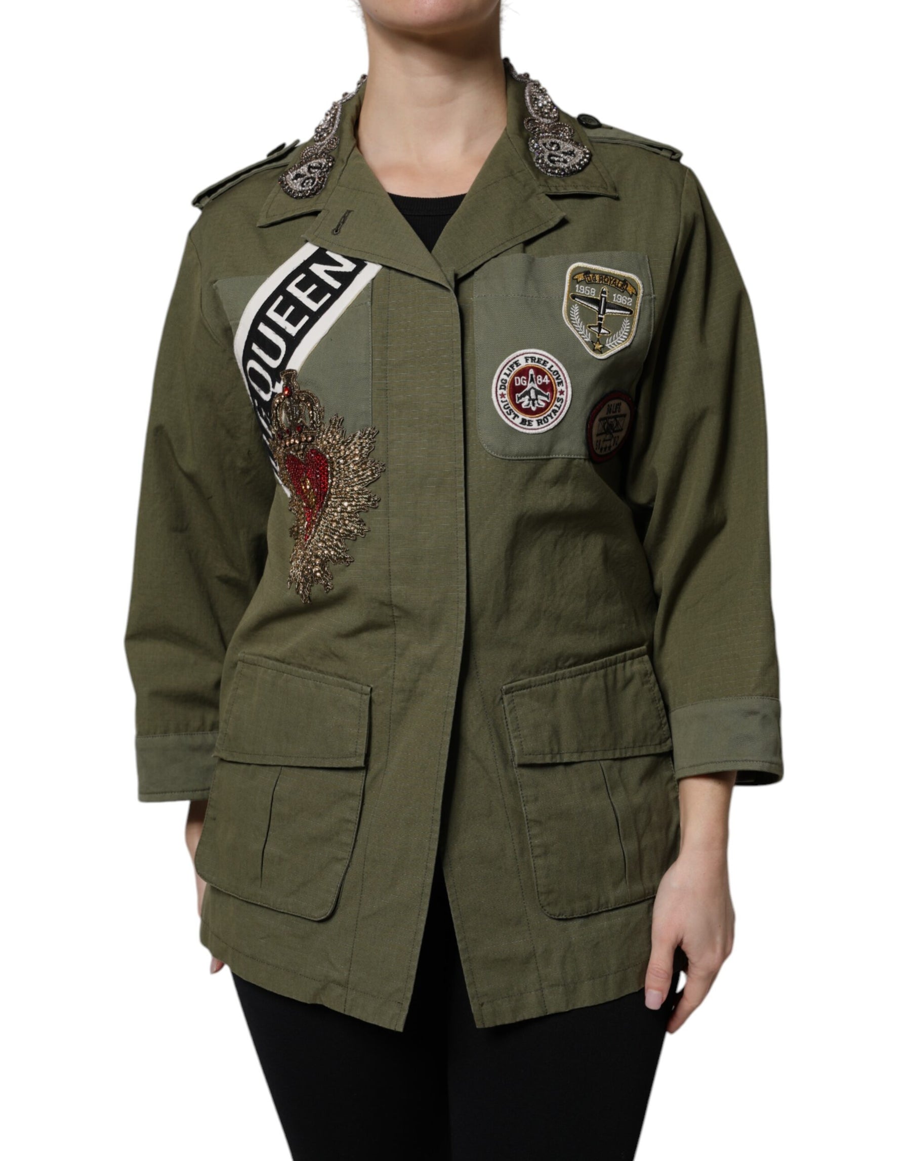 Dolce & Gabbana Military Green Queen Embellished Coat Jacket | Regal Royce