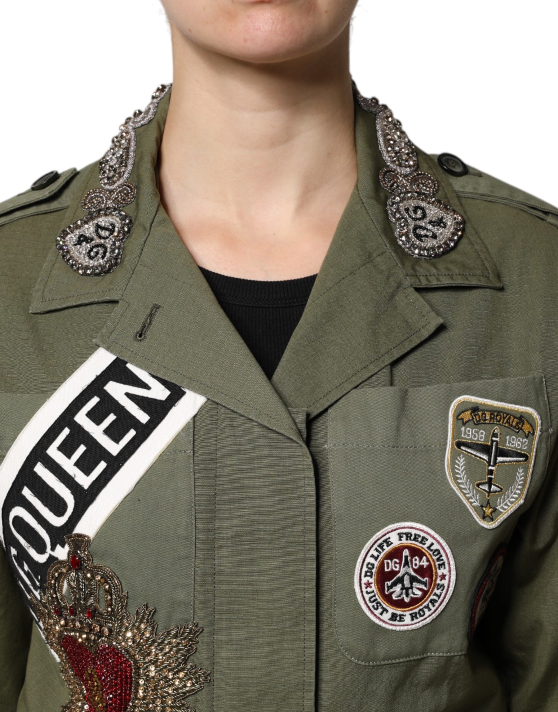 Dolce & Gabbana Military Green Queen Embellished Coat Jacket | Regal Royce
