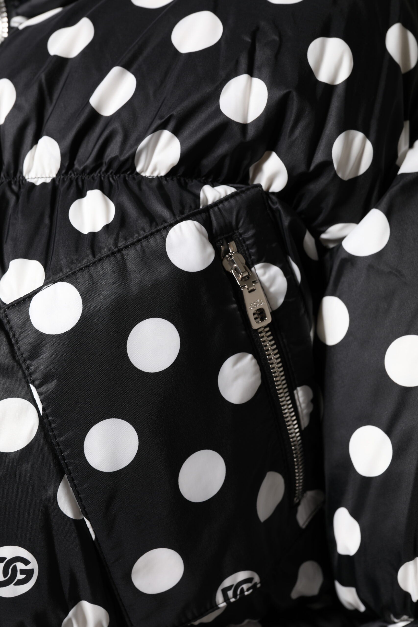 Dolce & Gabbana Black White Polka Dot Full Zip Puffer Jacket | Regal Royce