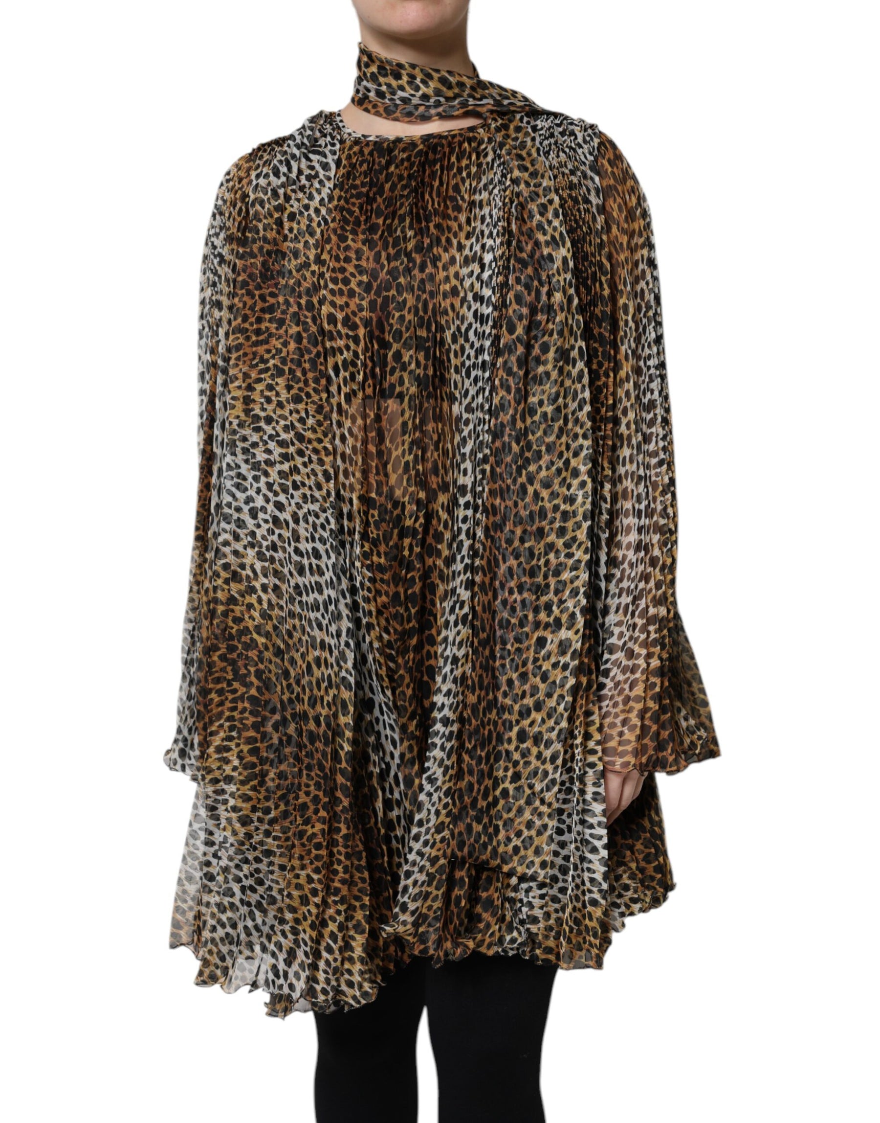 Dolce & Gabbana Brown Leopard Print Scarf Collared Chiffon Dress | Regal Royce