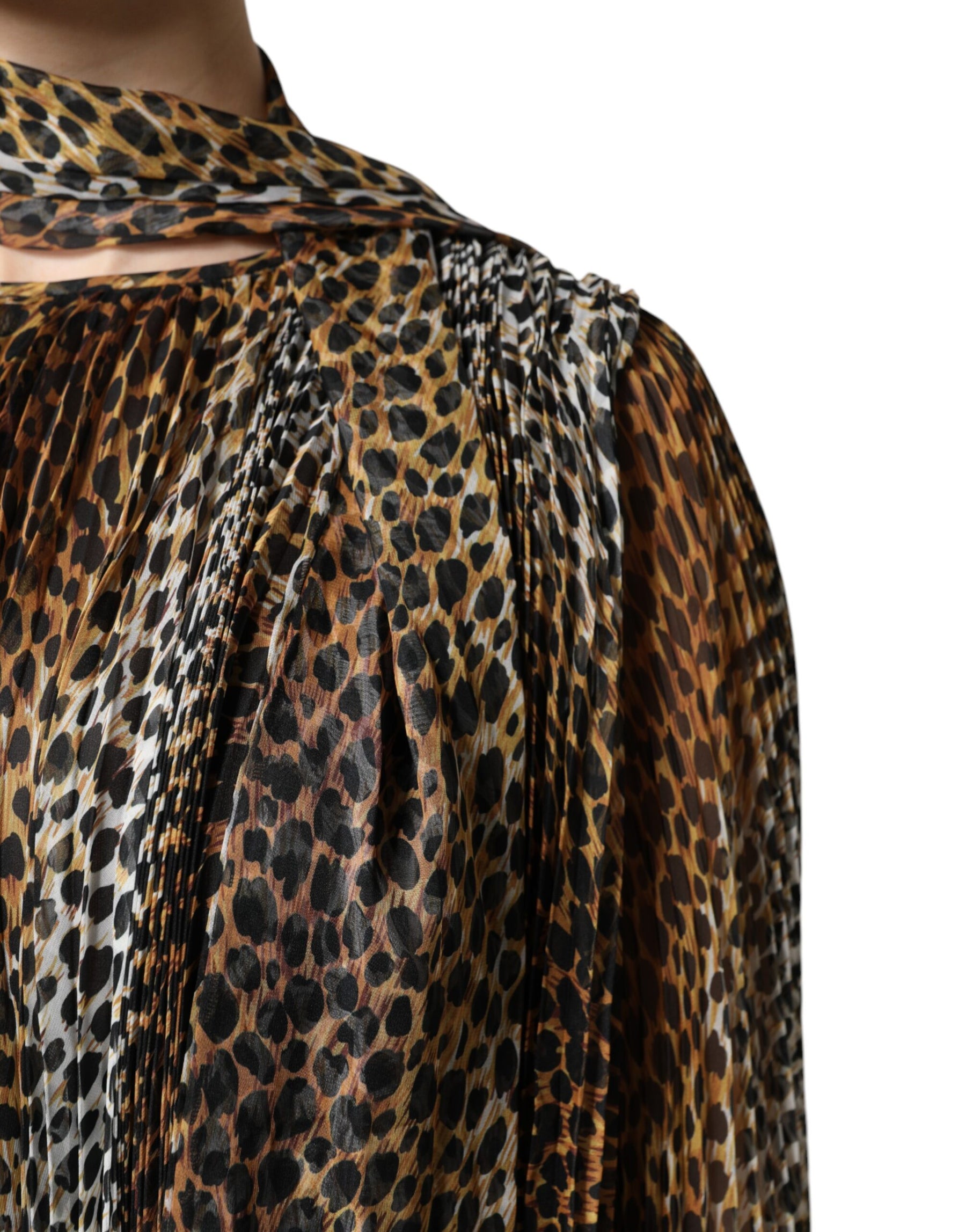 Dolce & Gabbana Brown Leopard Print Scarf Collared Chiffon Dress | Regal Royce