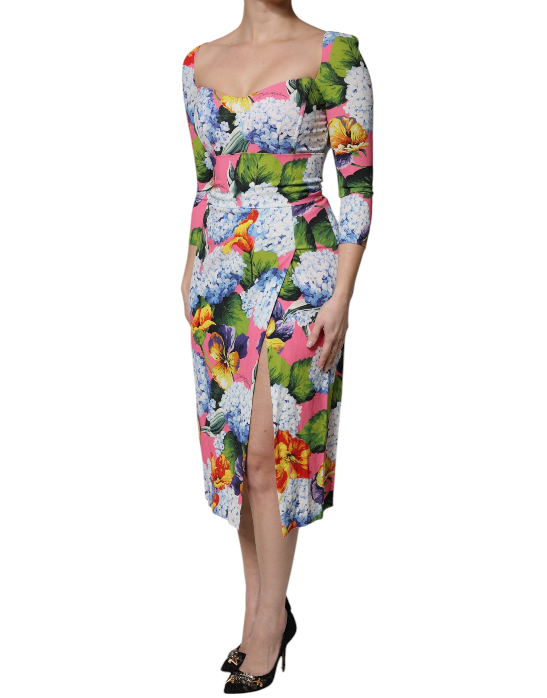 Dolce & Gabbana Multicolor Floral Side Slit Midi Dress | Regal Royce