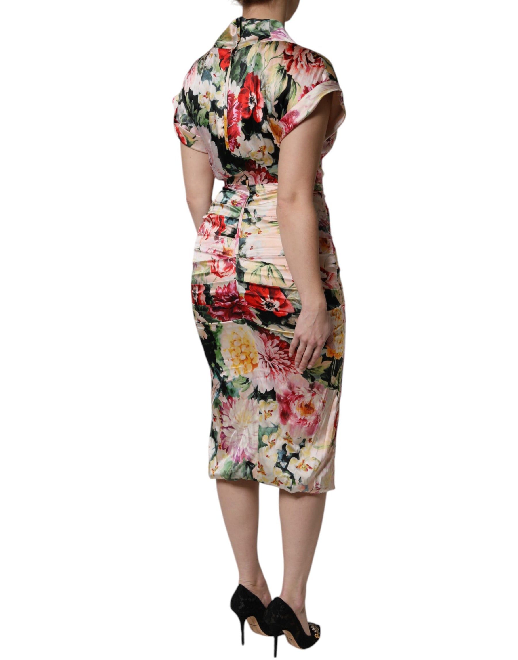 Dolce & Gabbana Multicolor Floral Short Sleeves Sheath Midi Dress | Regal Royce
