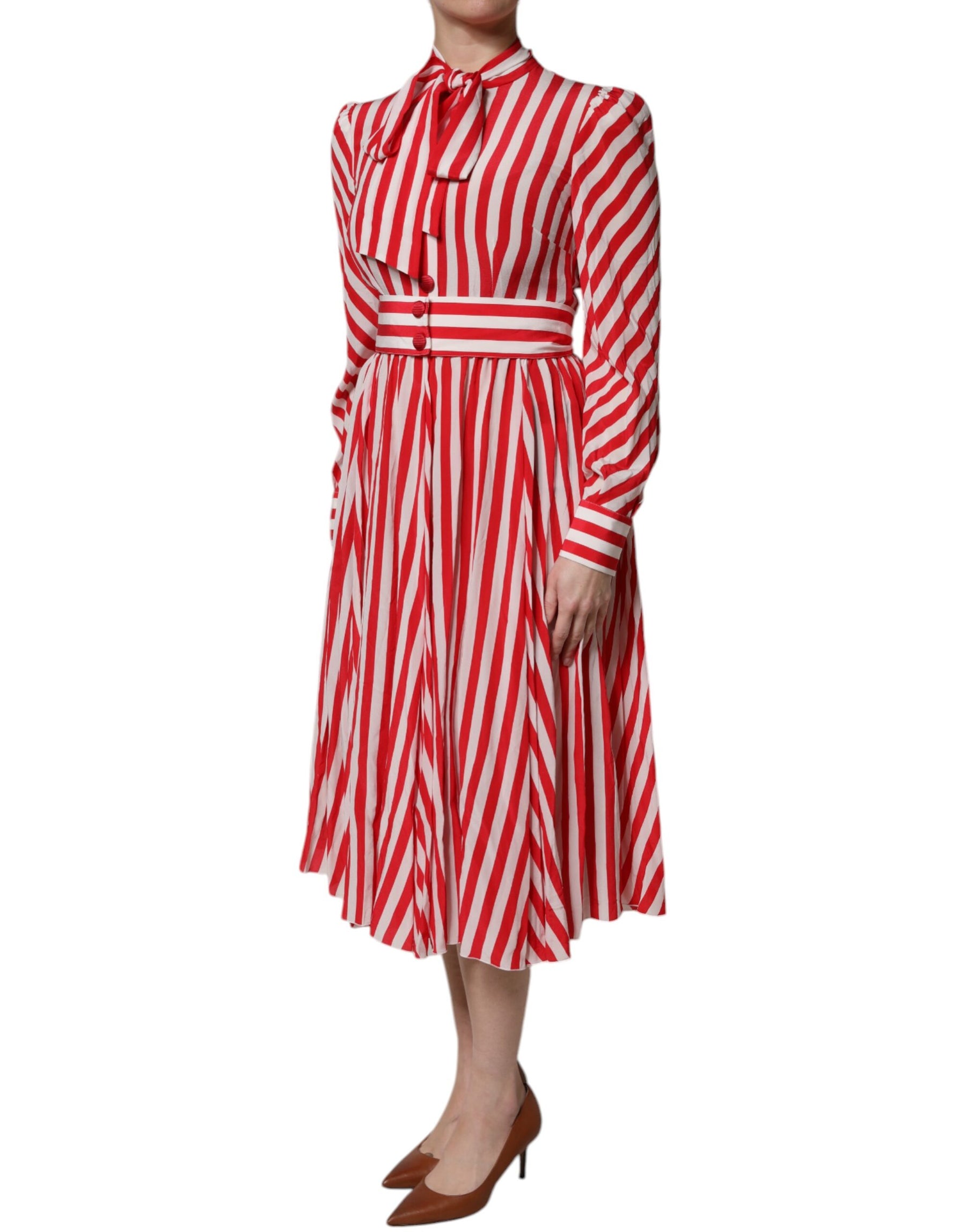 Dolce & Gabbana White Red Stripes Long Sleeves Midi Dress | Regal Royce