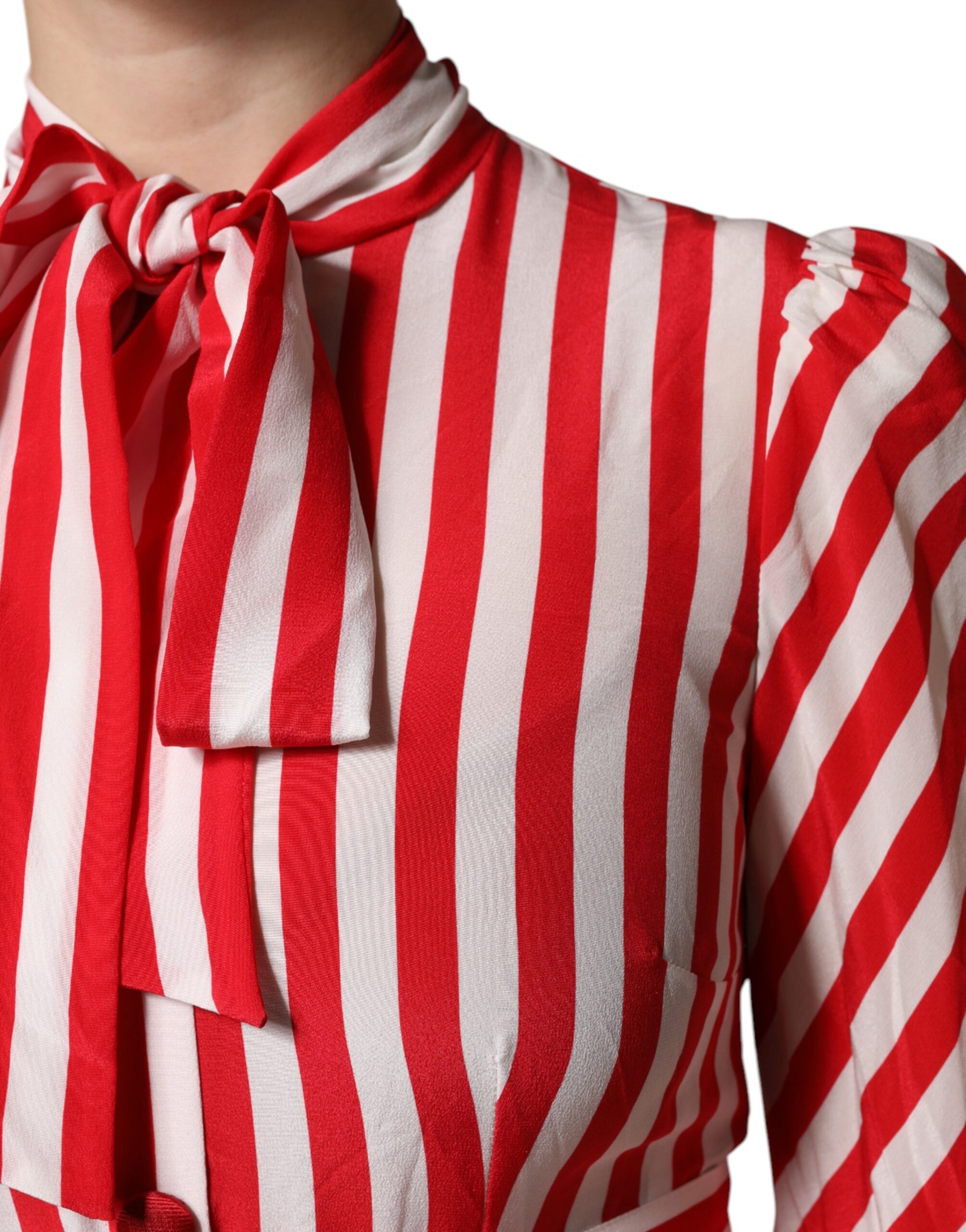 Dolce & Gabbana White Red Stripes Long Sleeves Midi Dress | Regal Royce