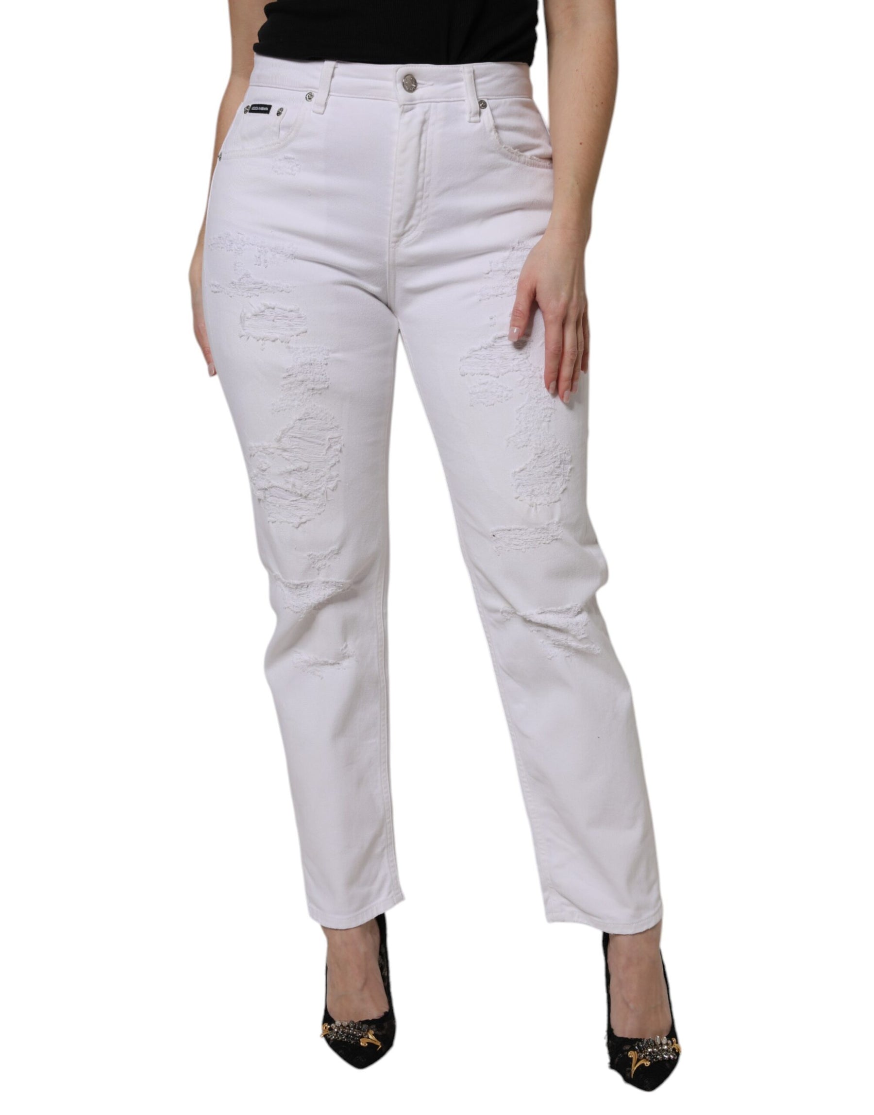 Dolce & Gabbana White Cotton High Waist Skinny Denim Jeans | Regal Royce