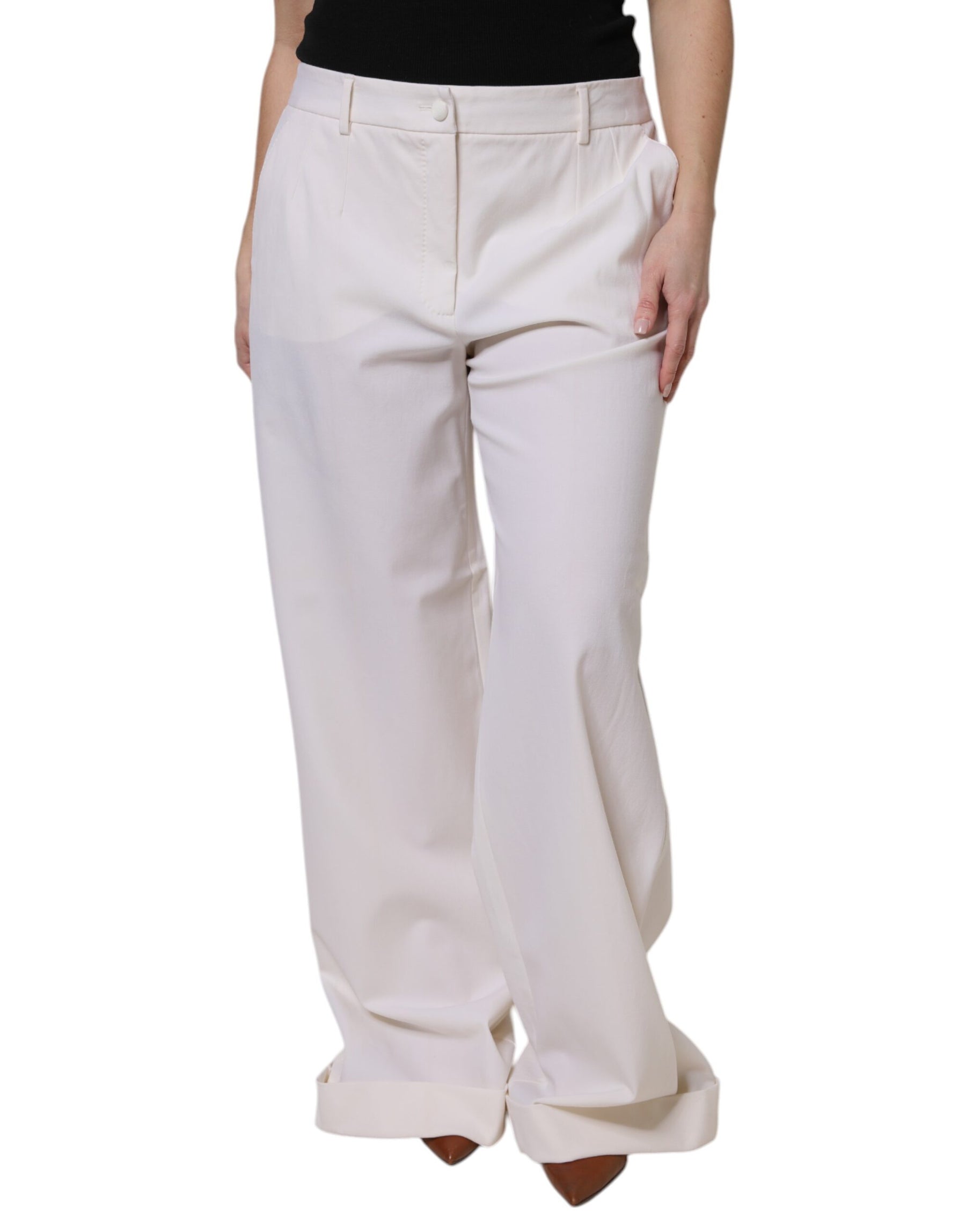 Dolce & Gabbana White Wool Mid Waist Wide Leg Pants | Regal Royce
