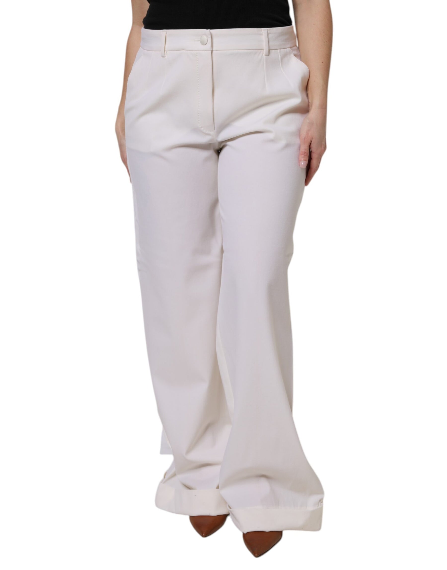 Dolce & Gabbana White Wool Mid Waist Wide Leg Pants | Regal Royce