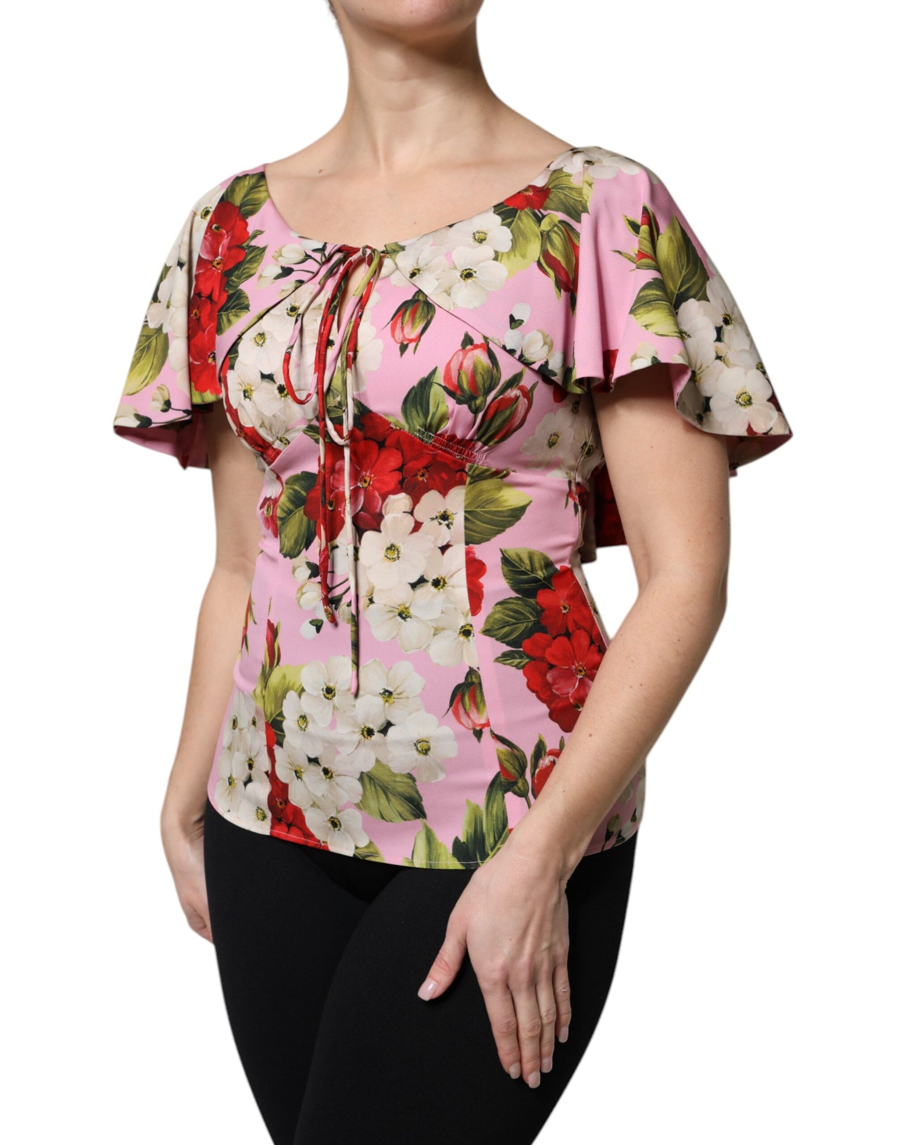 Dolce & Gabbana Pink Floral Silk Short Sleeves Blouse Top | Regal Royce