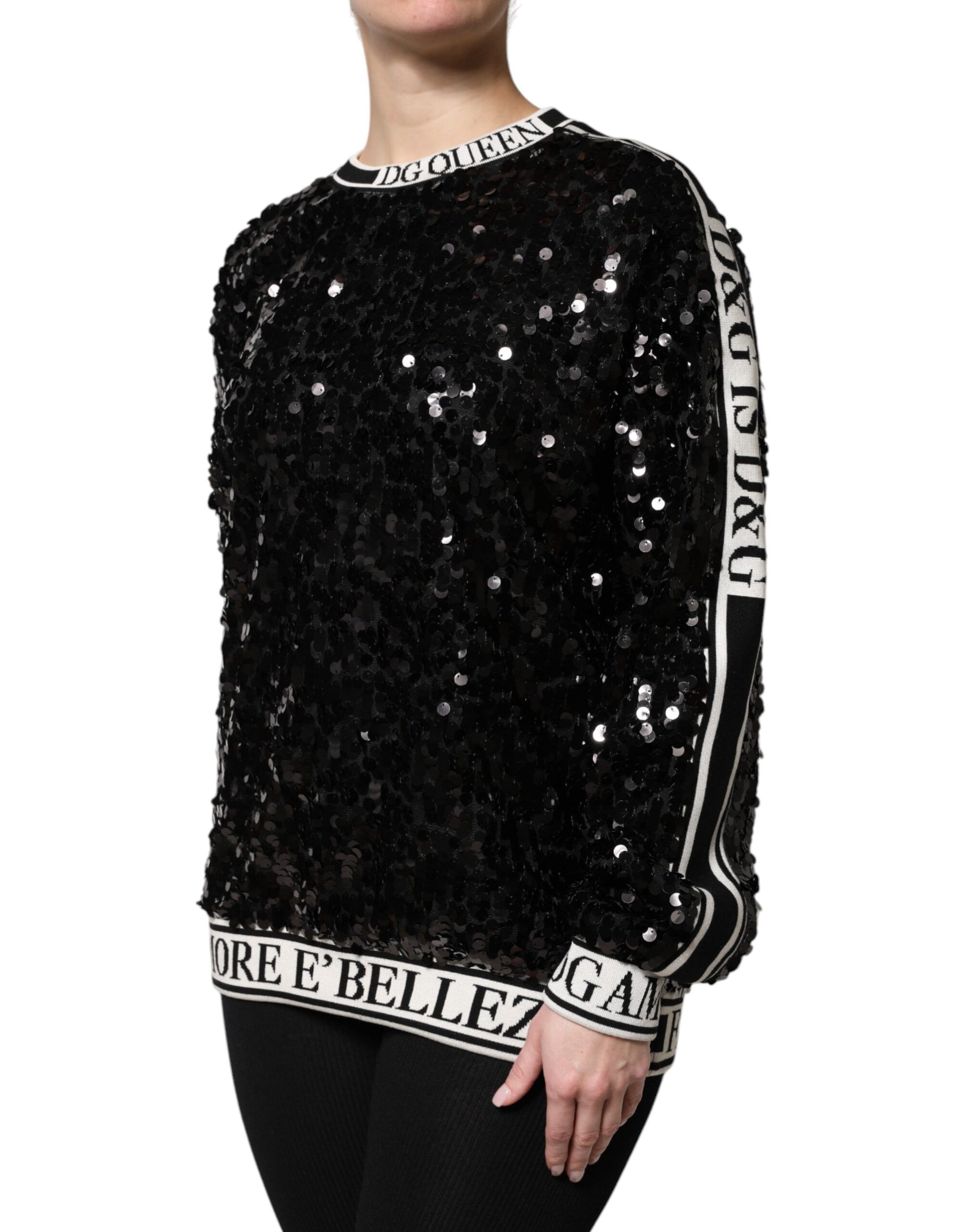Dolce & Gabbana Black DG Queen Sequin Pullover Sweater | Regal Royce
