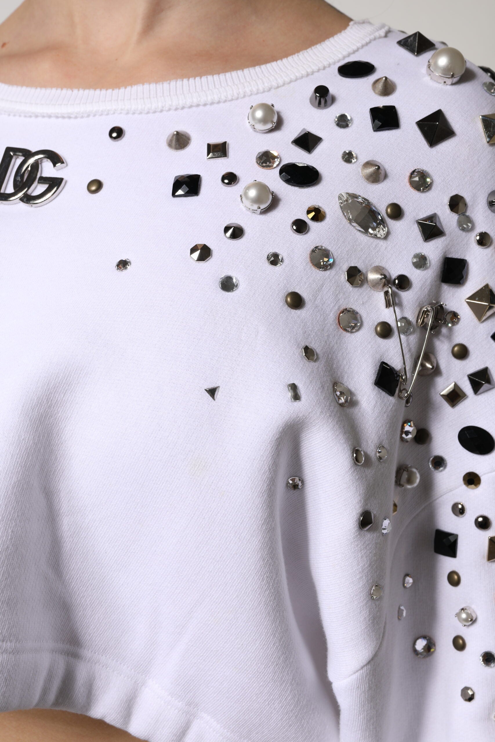 Dolce & Gabbana White Embellished Long Sleeve Cropped Sweater | Regal Royce