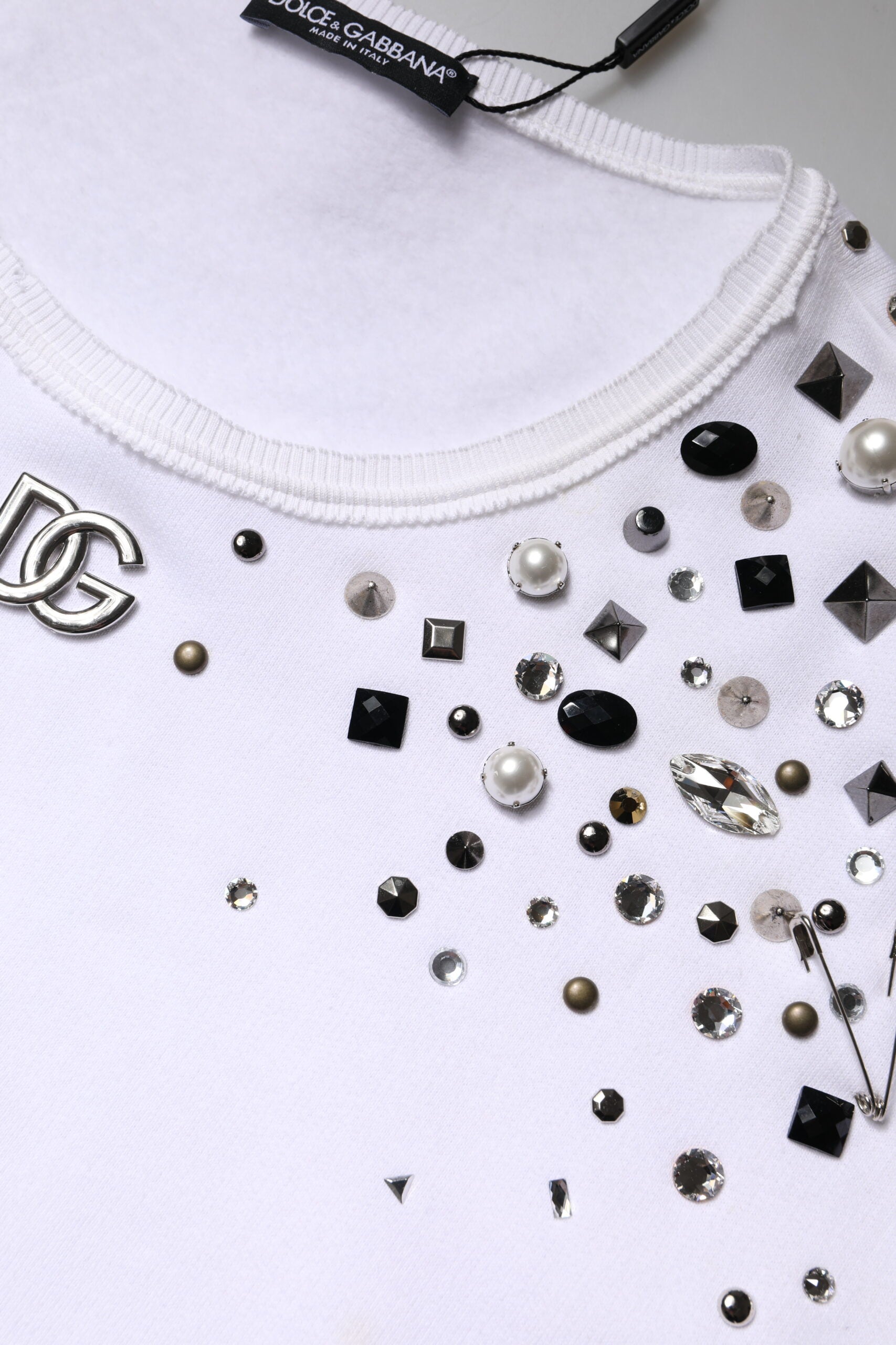 Dolce & Gabbana White Embellished Long Sleeve Cropped Sweater | Regal Royce