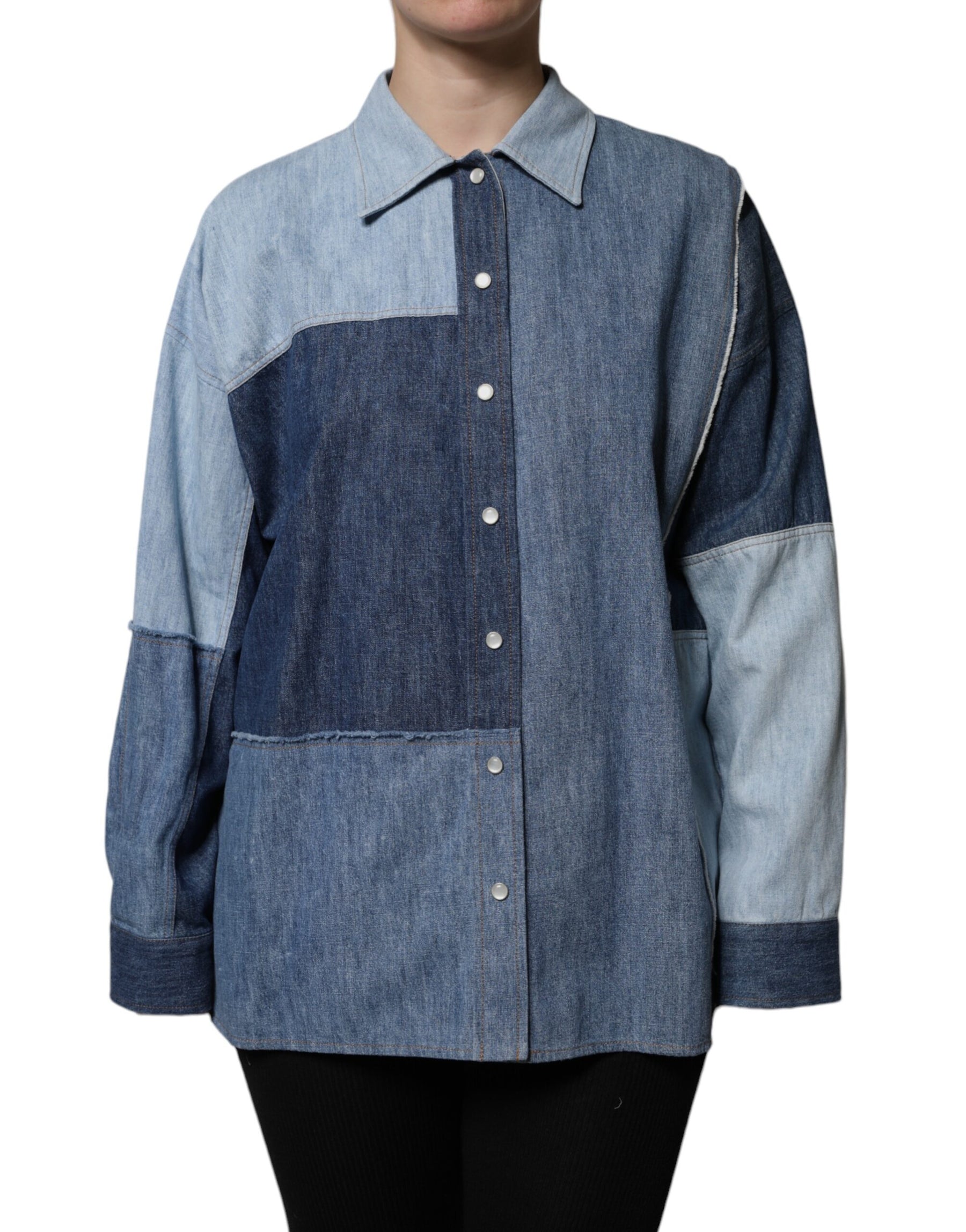Dolce & Gabbana Blue Cotton Button Up Collared Long Sleeve Top | Regal Royce