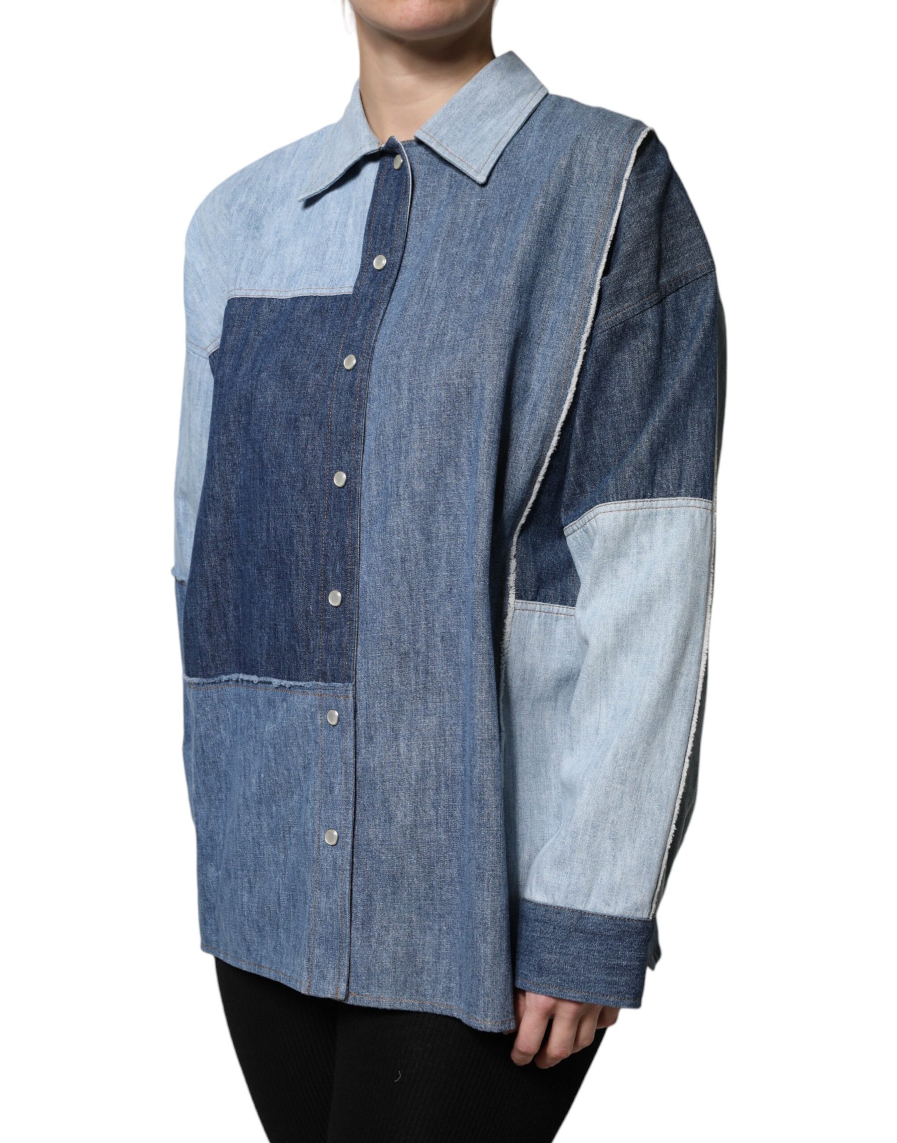 Dolce & Gabbana Blue Cotton Button Up Collared Long Sleeve Top | Regal Royce