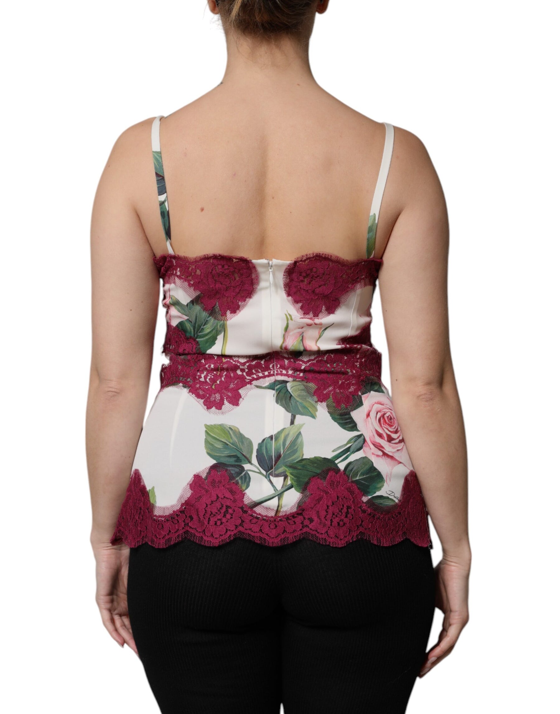 Dolce & Gabbana White Rose Print Satin Lace Tank Top Lingerie | Regal Royce