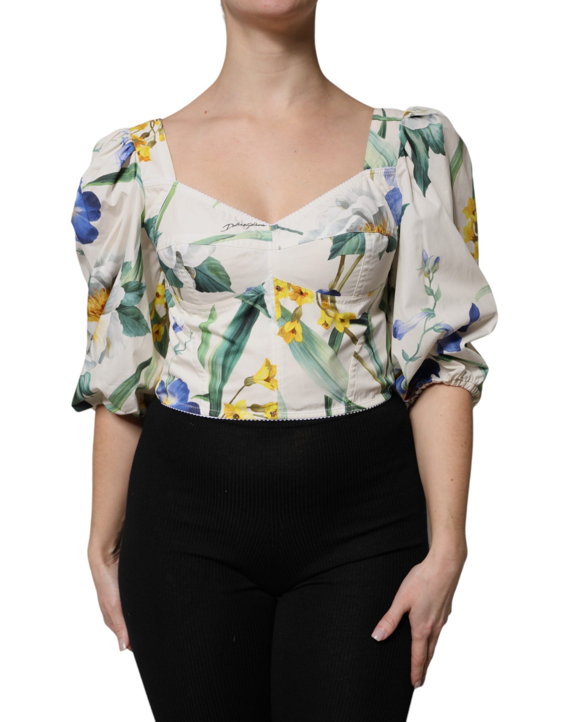 Dolce & Gabbana White Floral Puff Sleeves Crop Blouse Top | Regal Royce